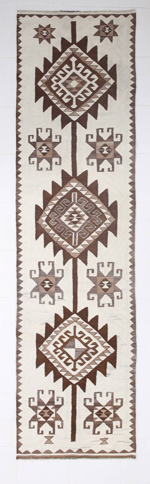 3x12 Kilim Beige & Brown Pattern Kilim Runner,Faded Turkish Runner,95x373Cm