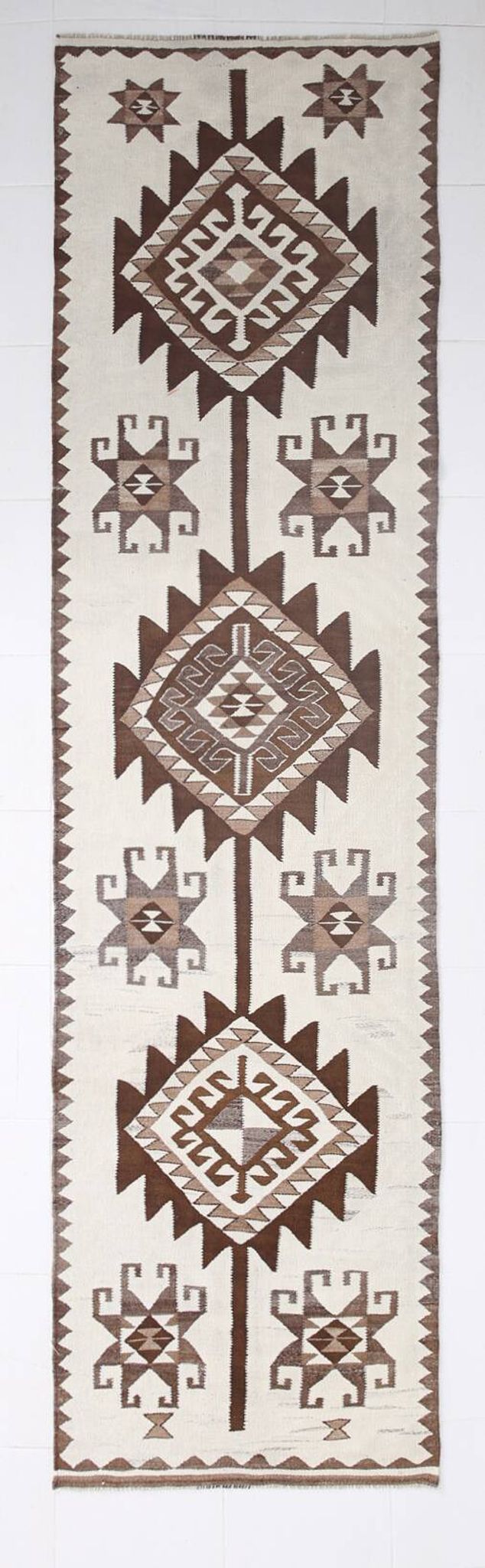Tapis de couloir Kilim beige et marron 3x12, tapis turc délavé, 95x373 cm