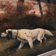 Large old painting of hunting dogs, Breton spaniel, signed Breuil.