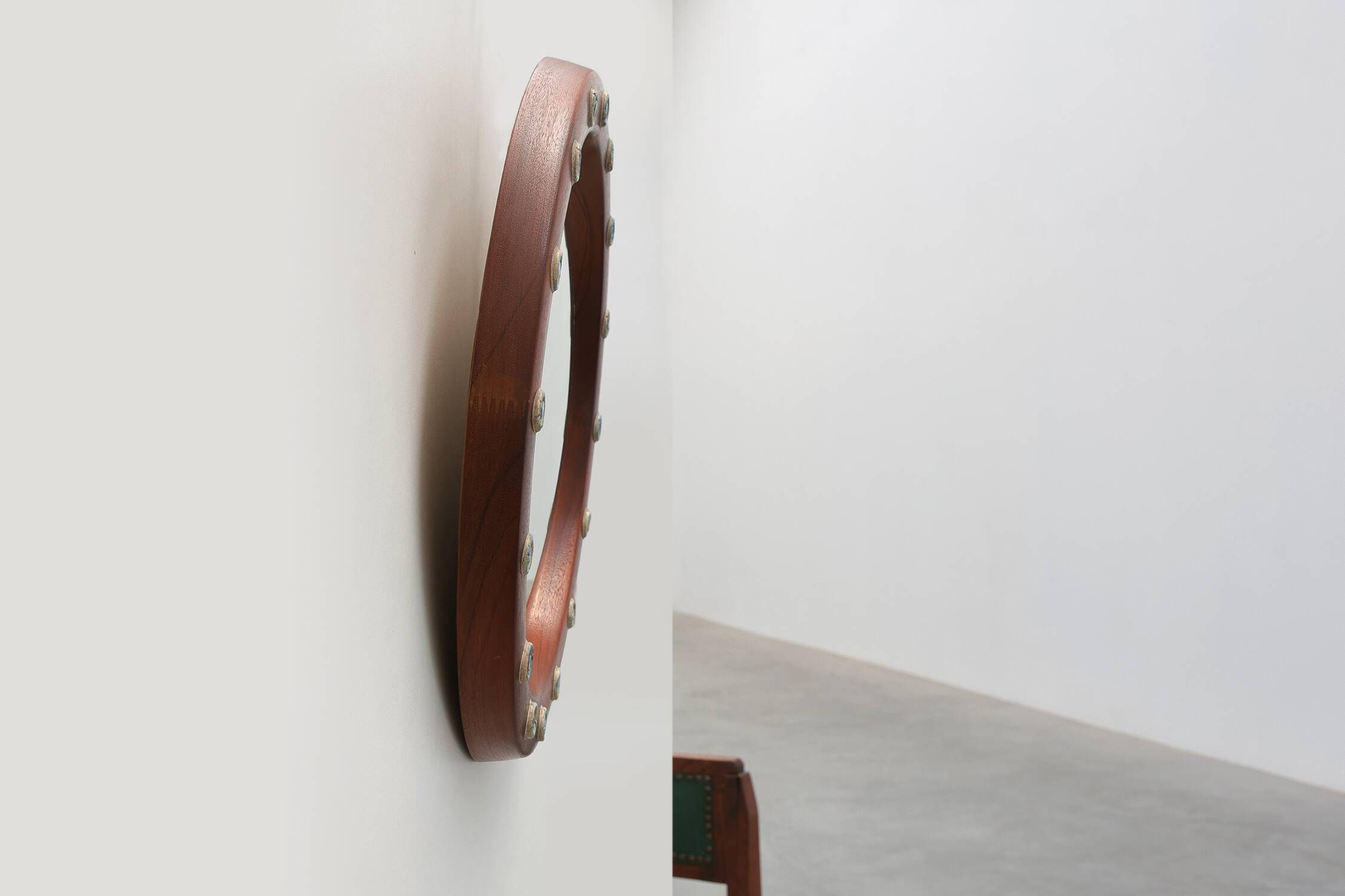 Round wooden mirror with turquoise ceramic studs by Deknudt, Belgium, 1960s