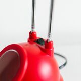 Blue-painted metal shade, chrome articulated arm desk lamp in Memphis-style 80s Pop Art with red base and yellow accents