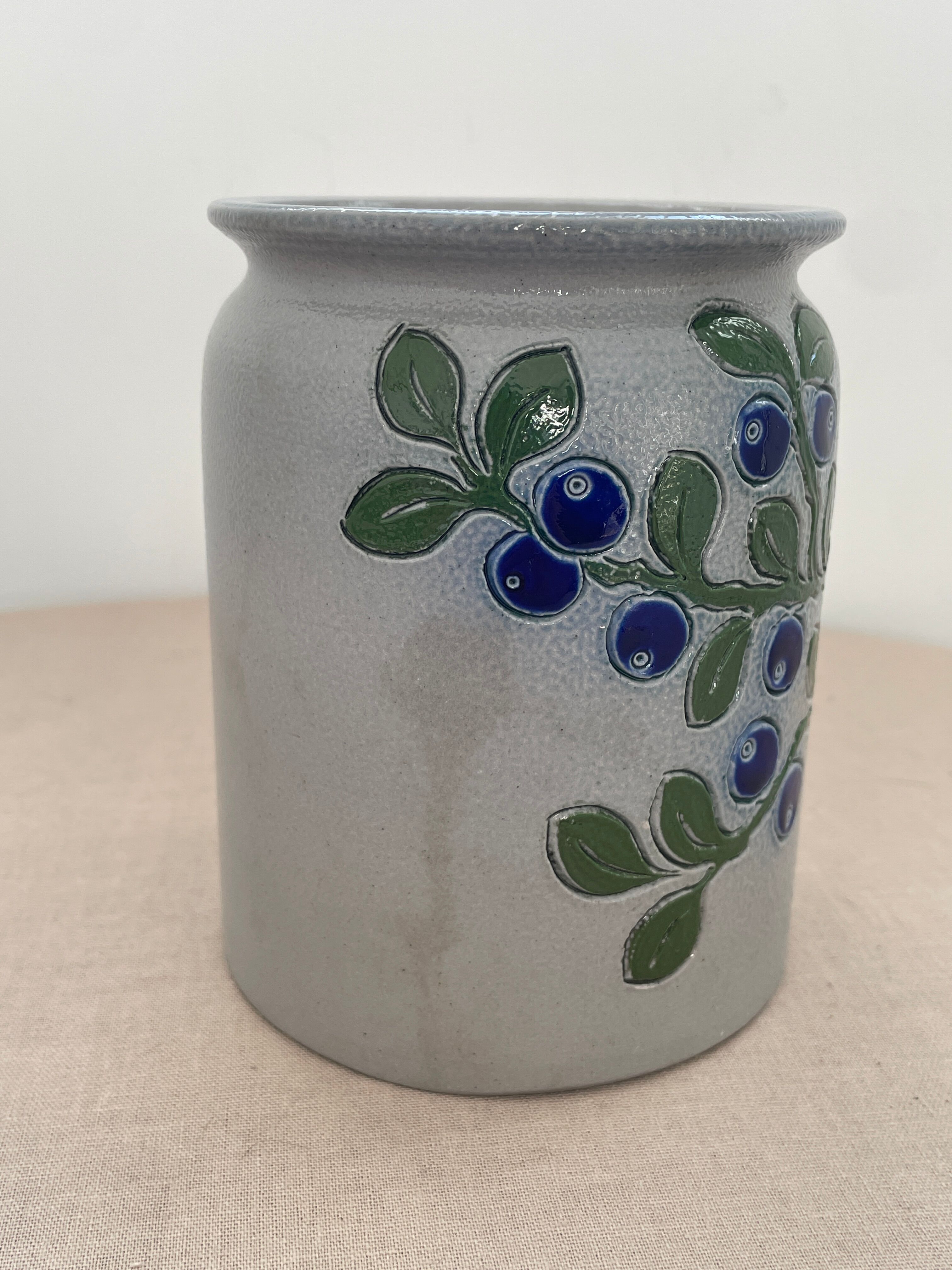 Vintage stoneware pot from Betschdorf signed TA Gilbert with olive decoration.