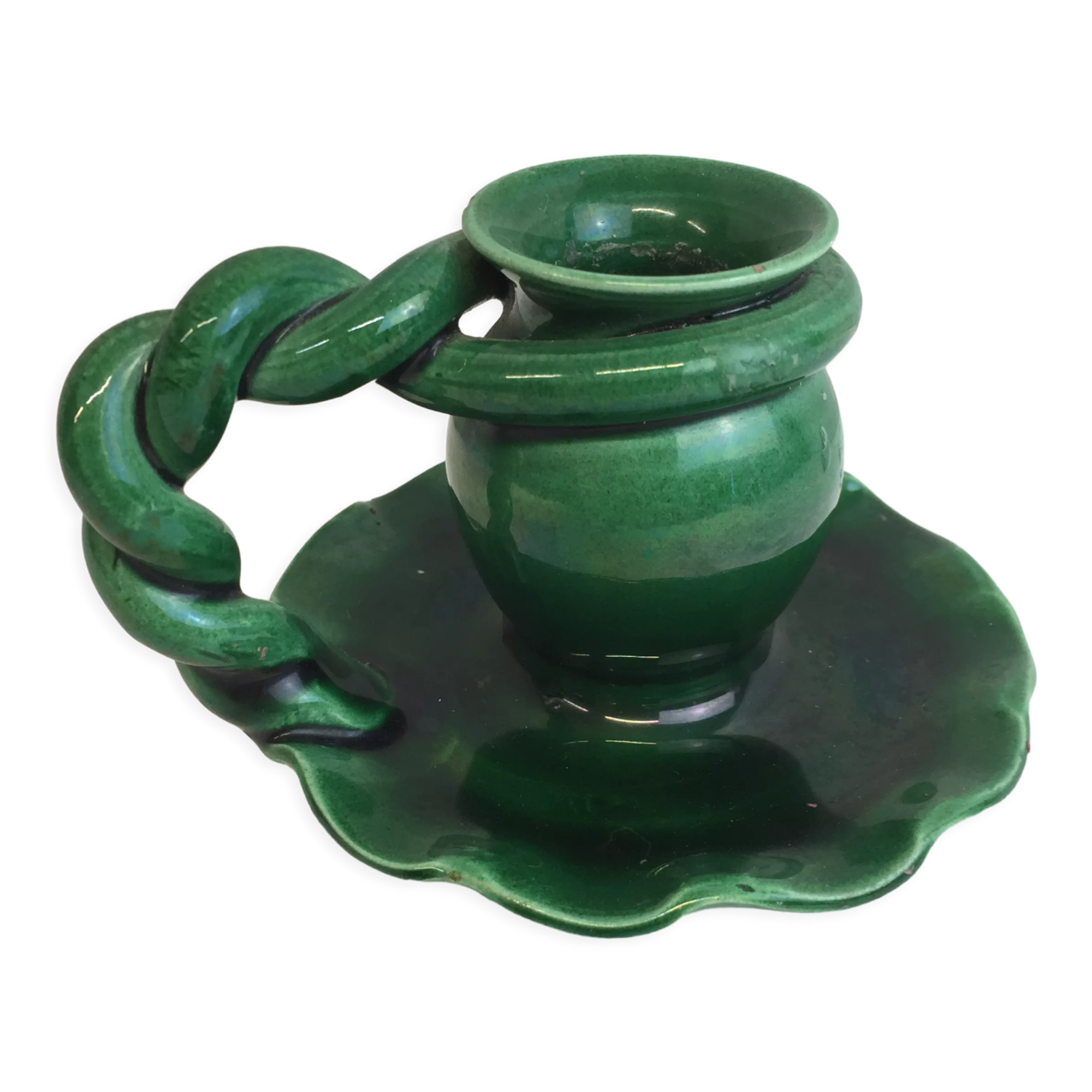 Old candleholder, glazed terracotta cellar, artisanal green color