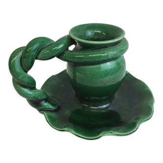 Bougeoir ancien,ras de cave en terre cuite émaillée,artisanal de couleur vert