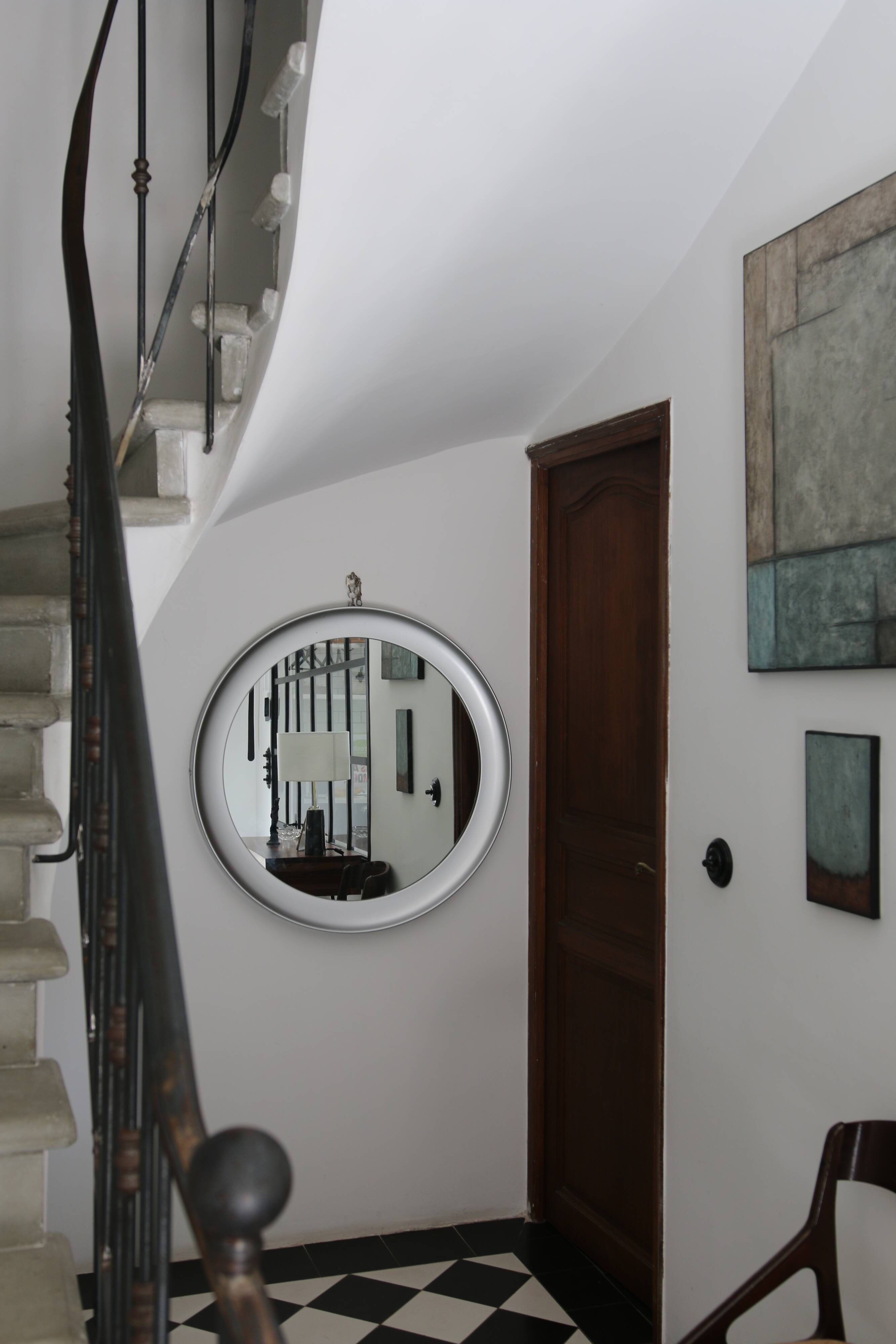 Large round brushed metal mirror by Sergio Mazza for Artemide, 1960s-70s.