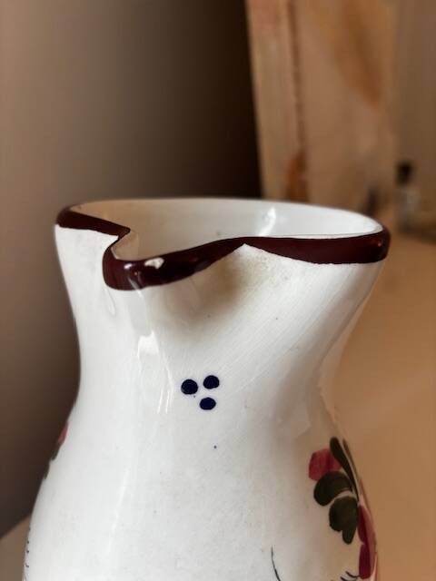 HAND-PAINTED JUG VASE just a tiny chip at the spout level.