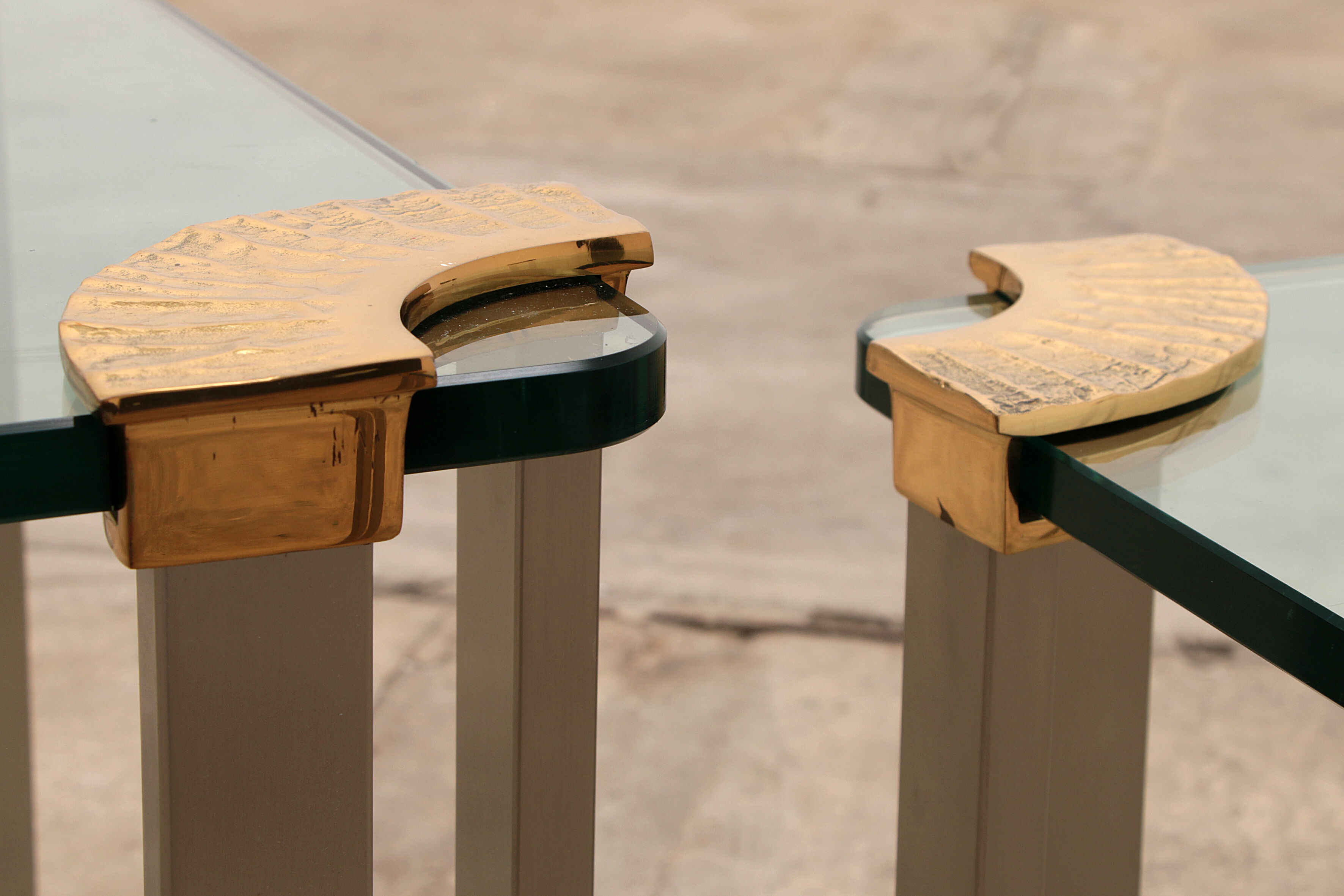 Hollywood regency gold glass coffee table with glass side table 1970