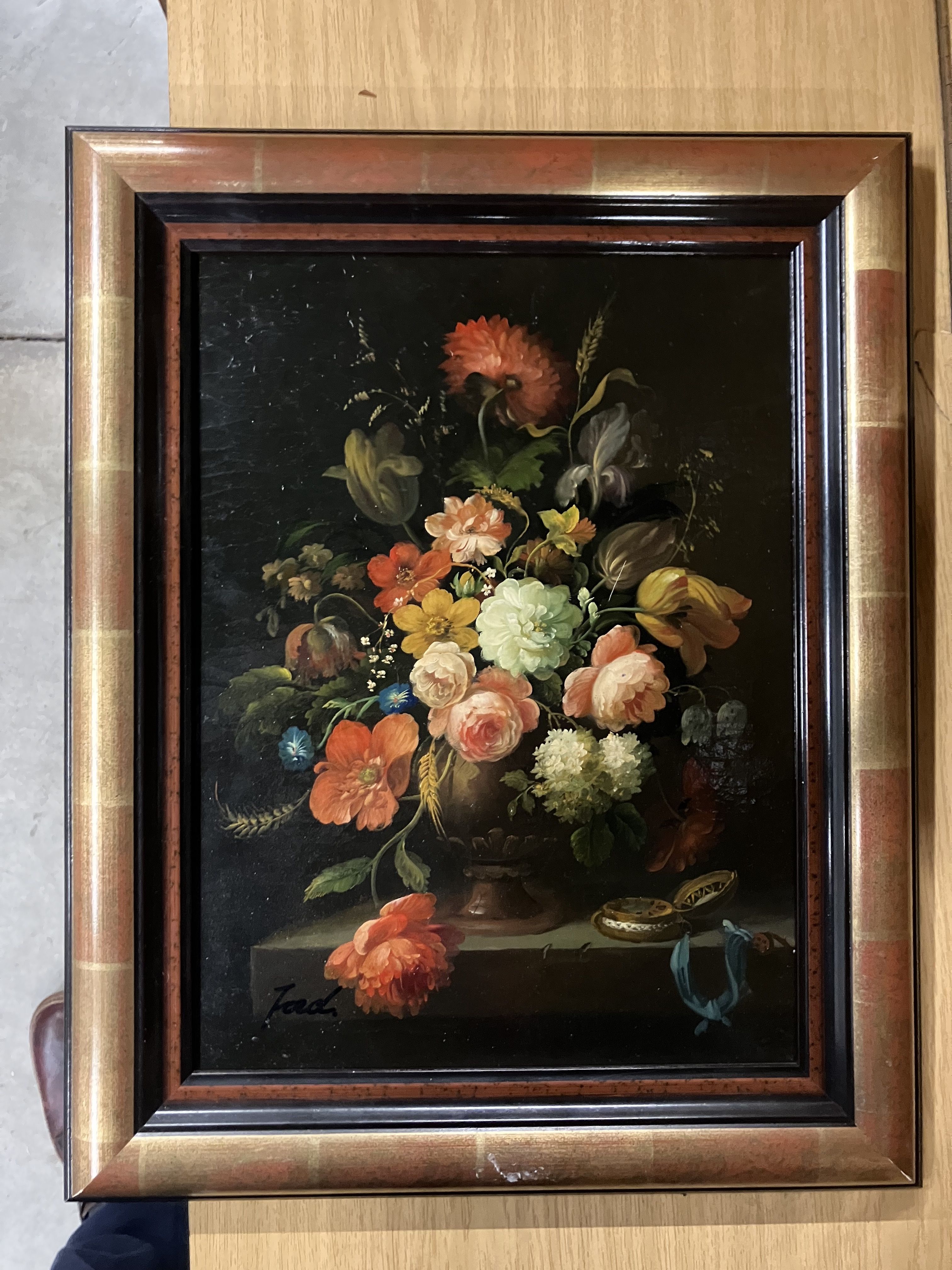 Oil on canvas still life with flower bouquet signed Jord