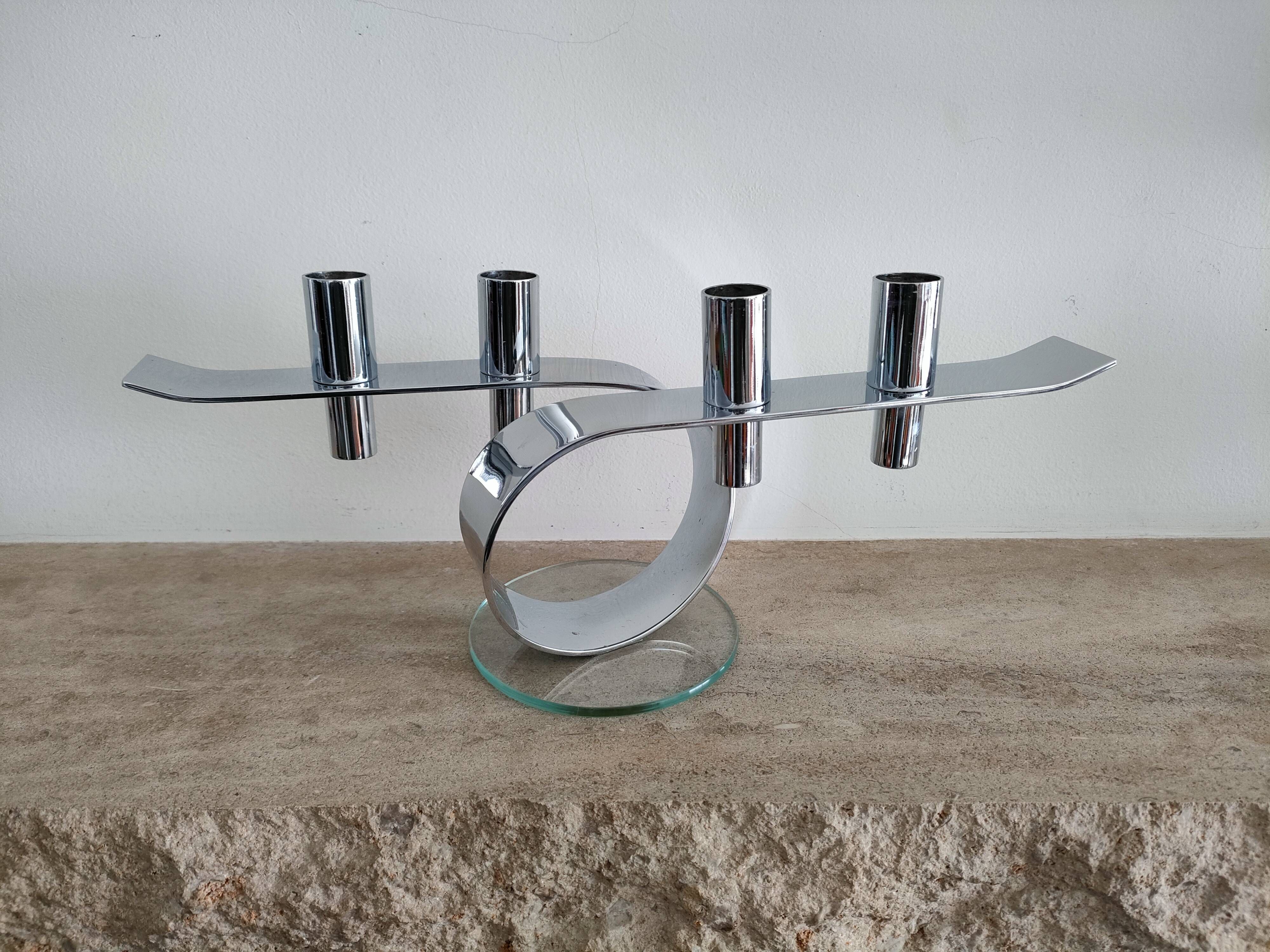 Design horizontal candlestick in chrome metal - four candles - France - 1980s
