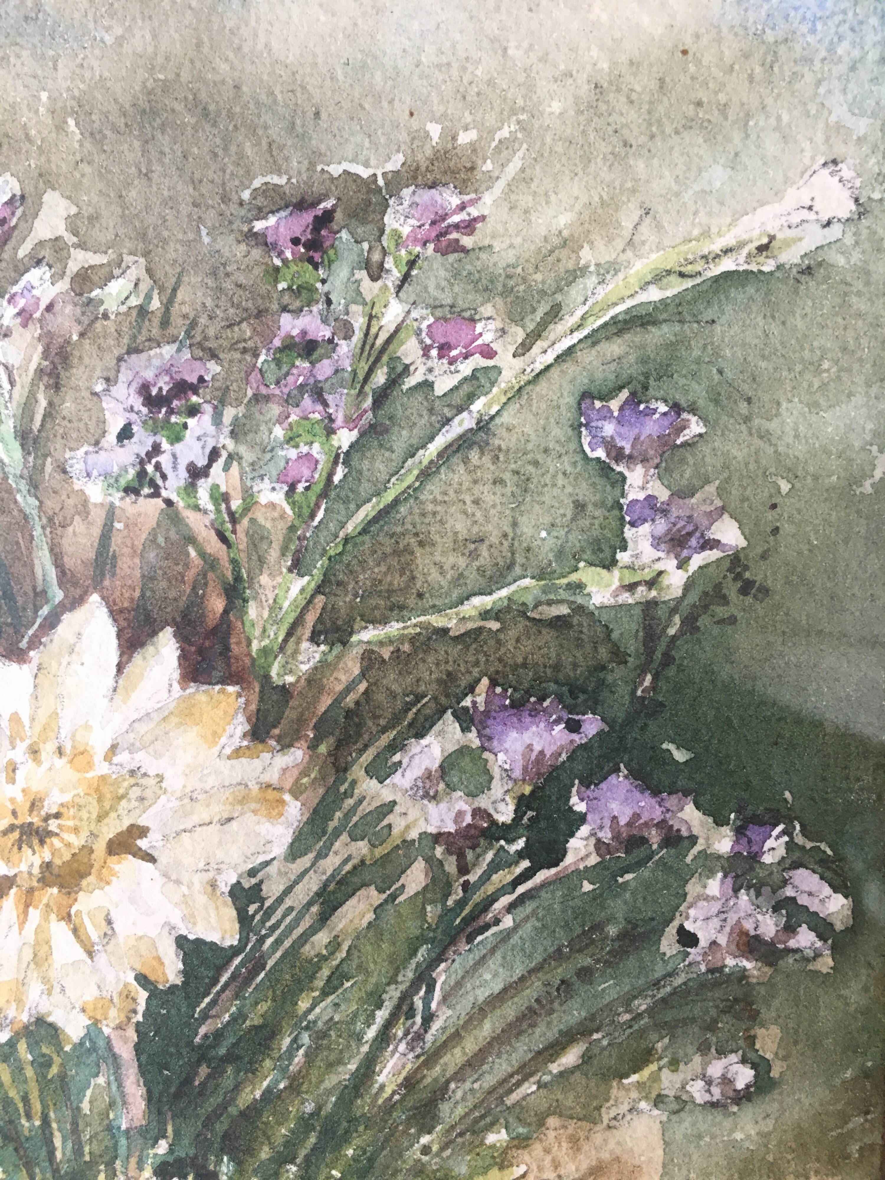 Tableau aquarelle "bouquet de fleurs champêtres" signé + cadre