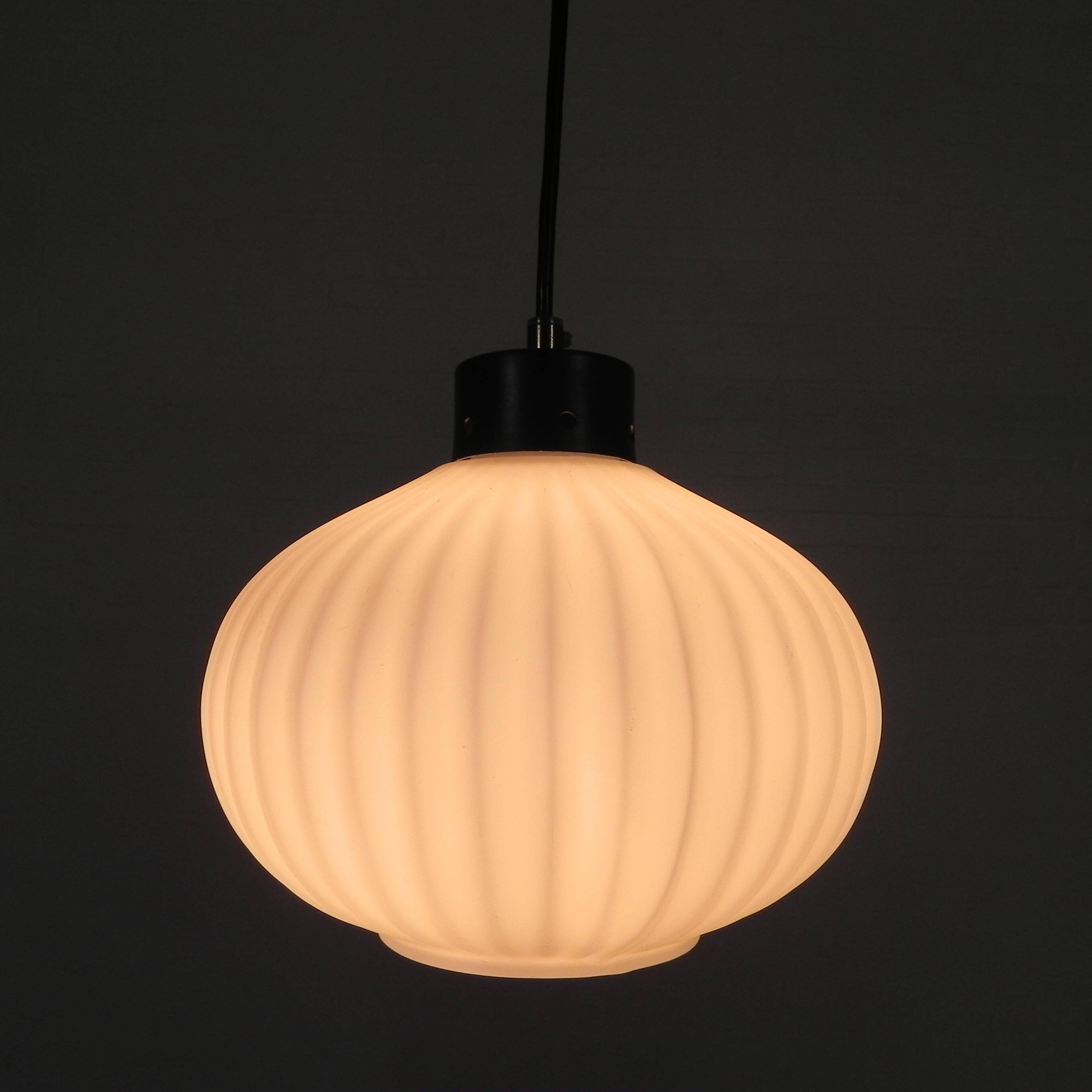Vintage pendant lamp with white ribbed glass ball, 1960s