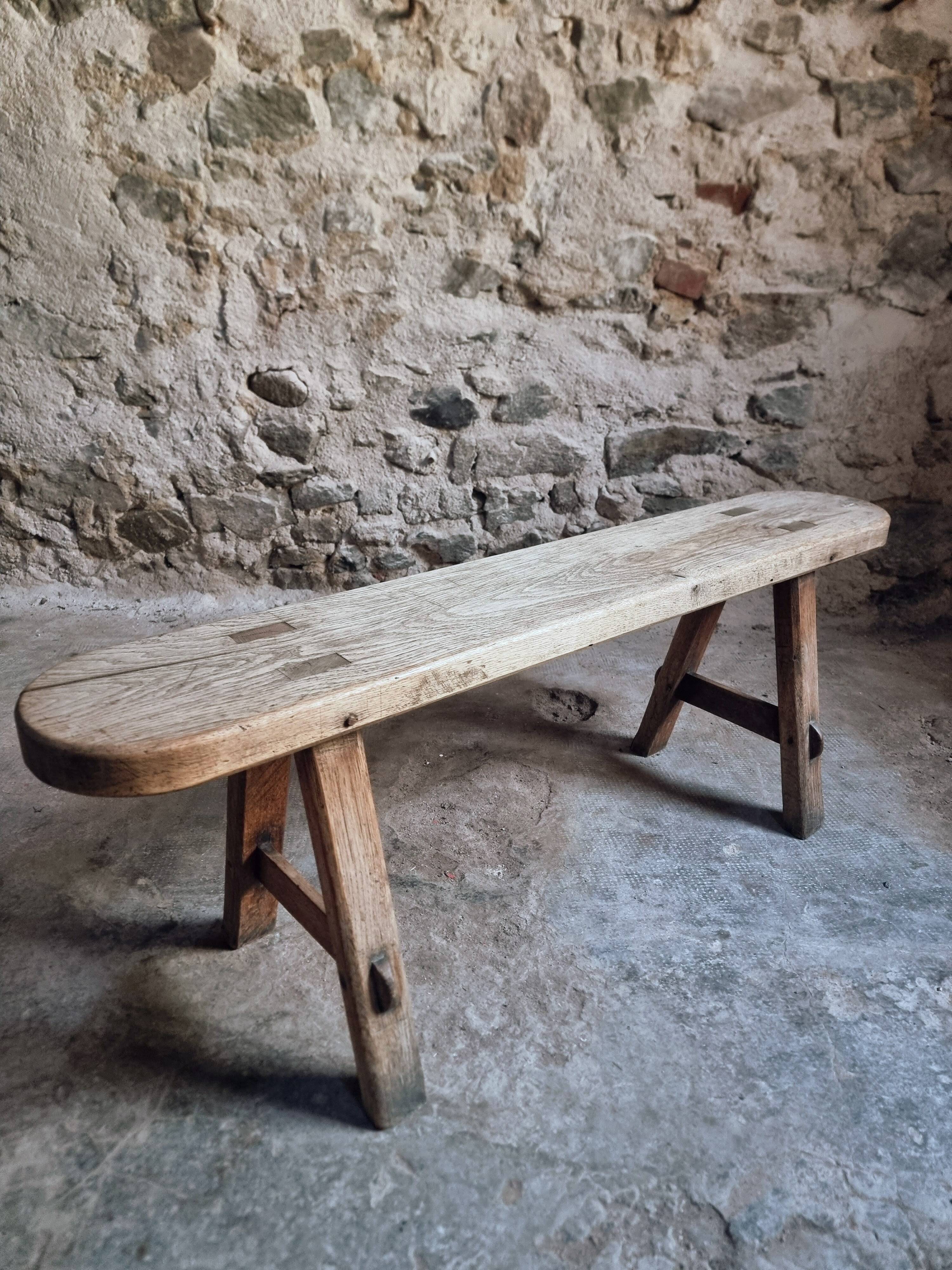 Vintage oak French bench – Rustic farmhouse seat – 1950s
