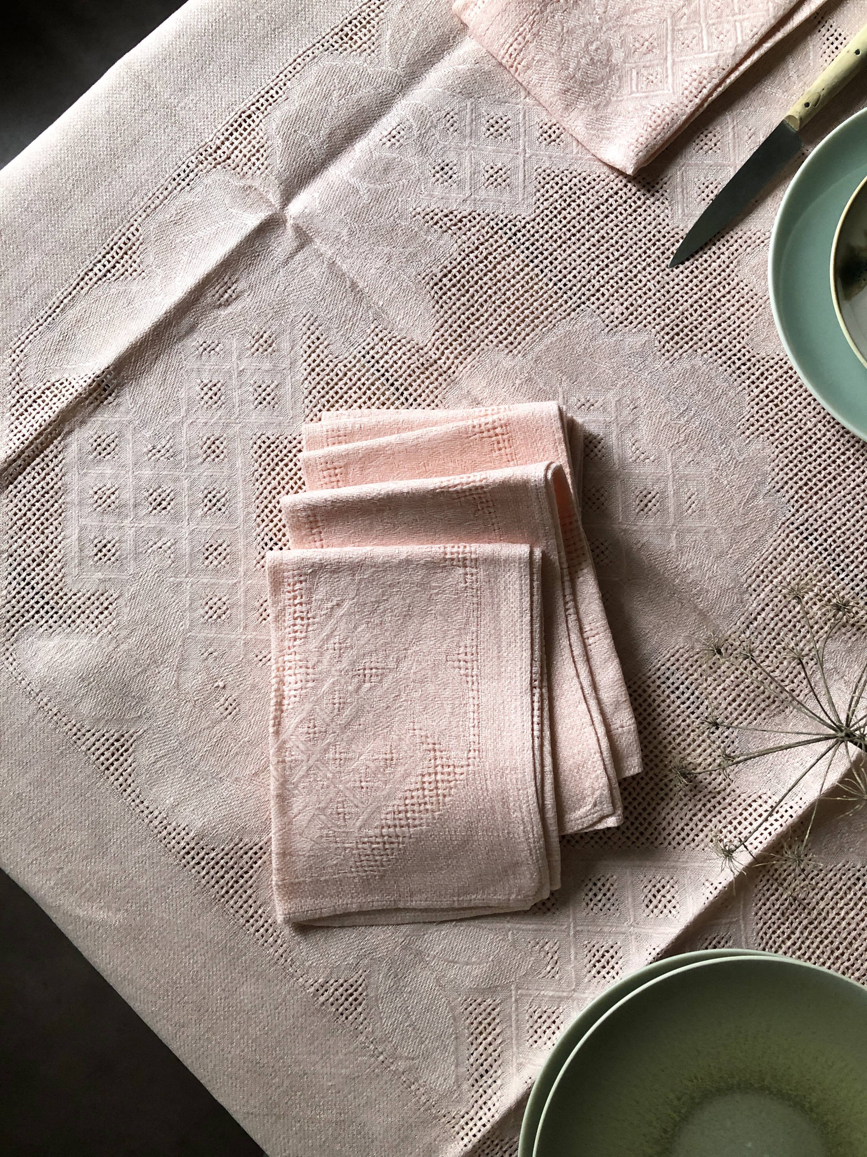 Antique tablecloth in pure linen tinted coral pink