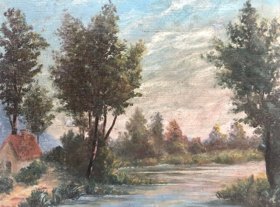 Mid 20th Century French Farmhouse Landscape Oil Painting on Board