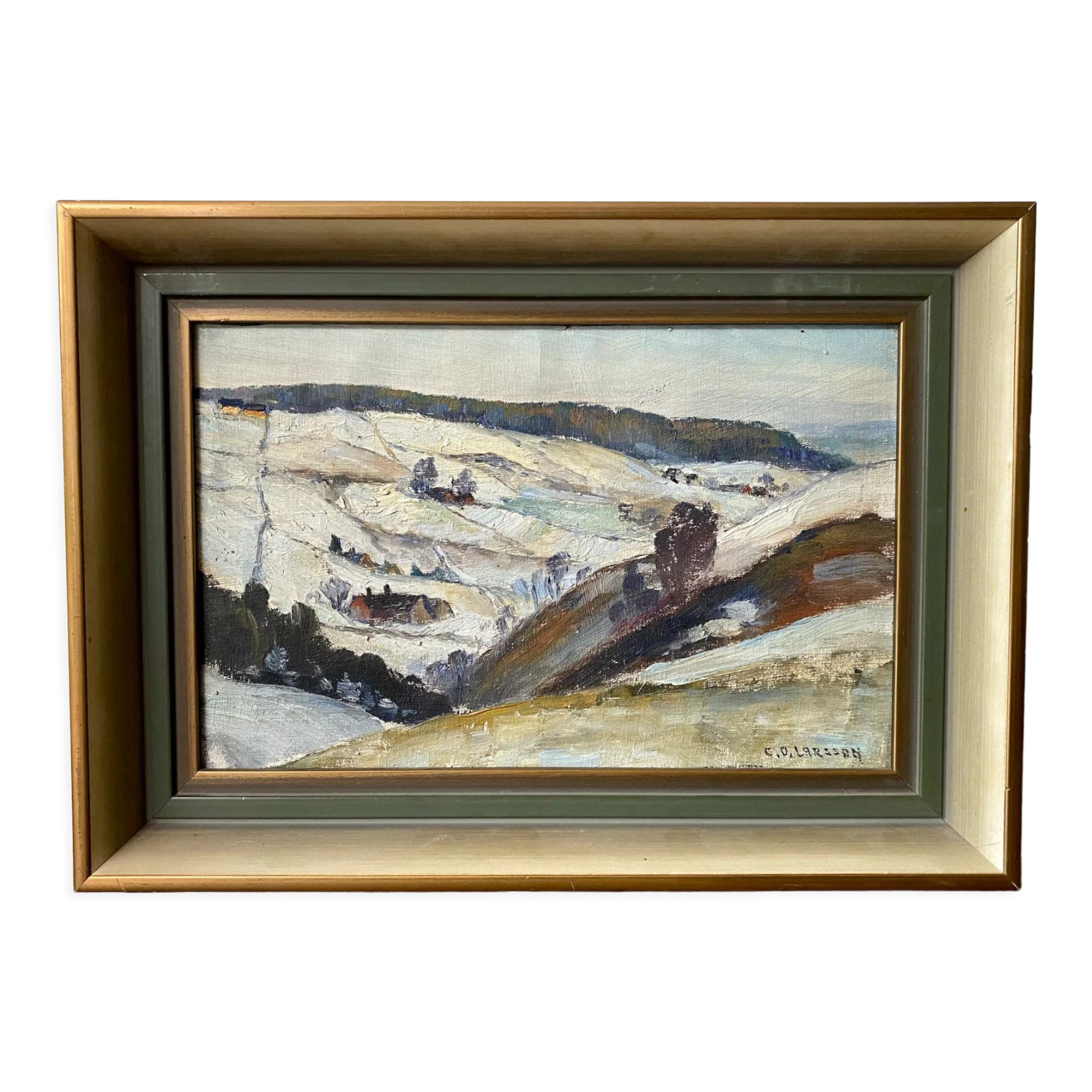Mid-century modern "mountain views" vintage winter landscape oil painting, framed