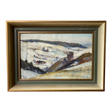 Mid-century modern "mountain views" vintage winter landscape oil painting, framed