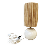 Vintage 1970s white marble ball lamp raffia rope lampshade 70s bohemian chic alabaster
