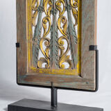 Rectangular Indonesian construction element with blue and yellow plant in carved wood