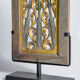 Rectangular Indonesian construction element with blue and yellow plant in carved wood