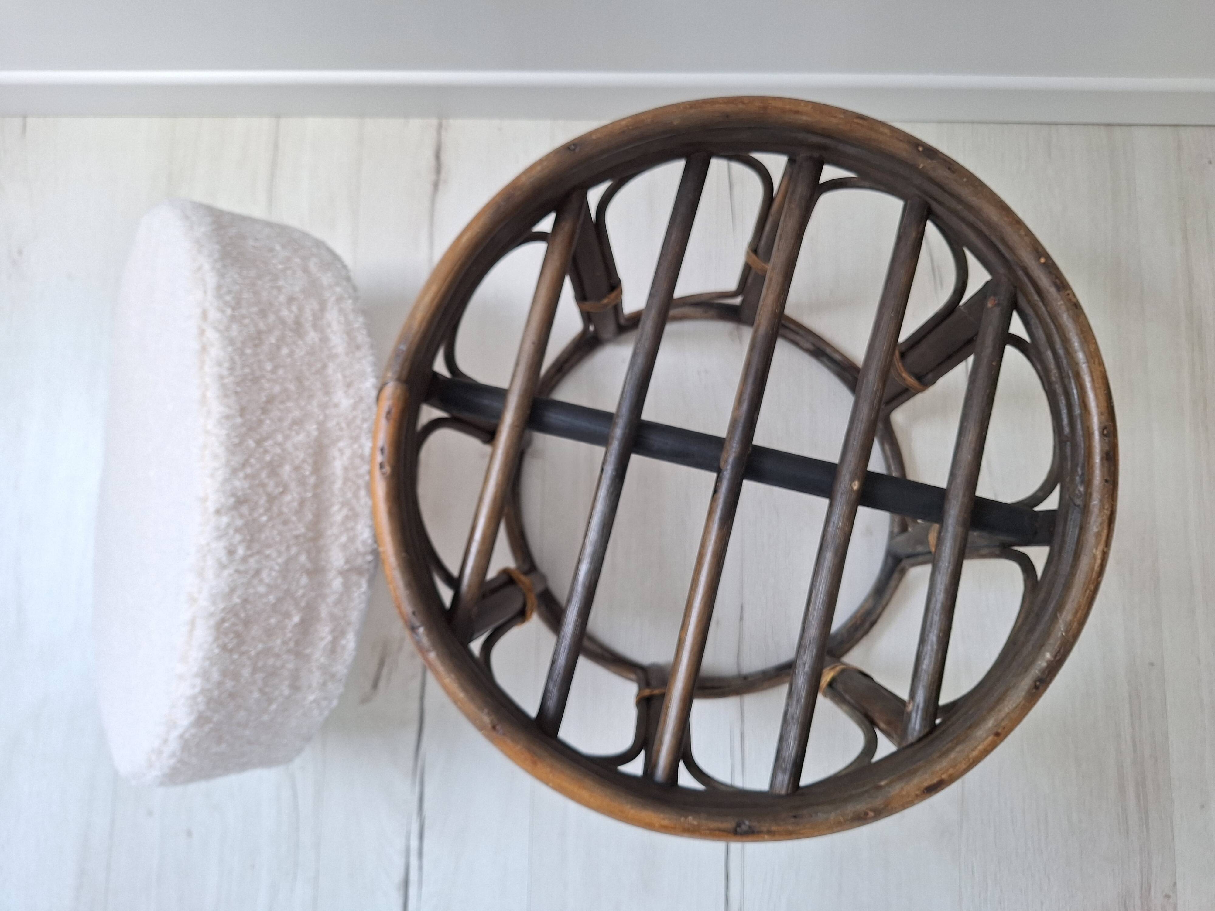 Vintage rattan and French terry fabric pouf