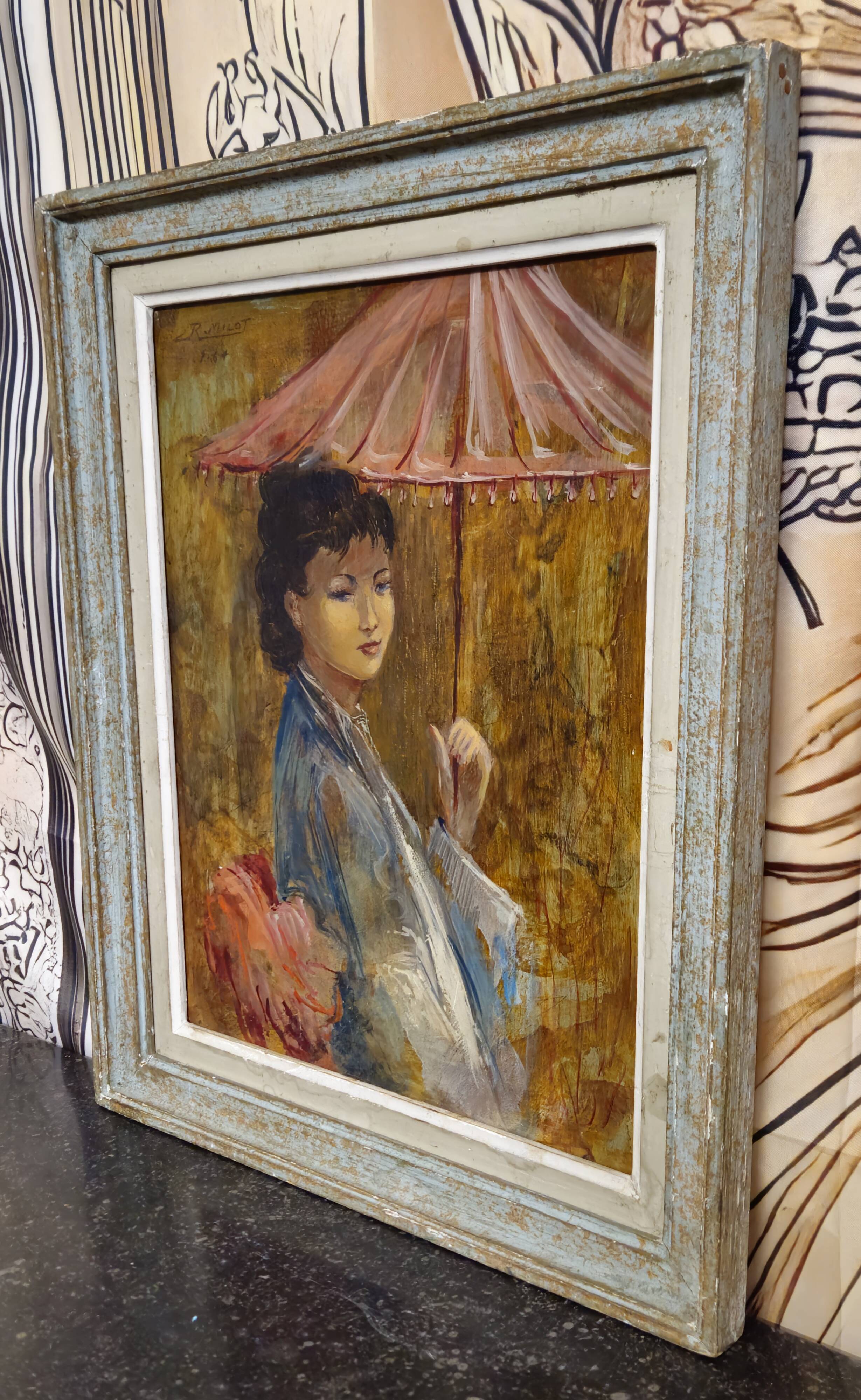 R. Milot – Young Woman with a Parasol – Oil on Panel – Art Deco Period