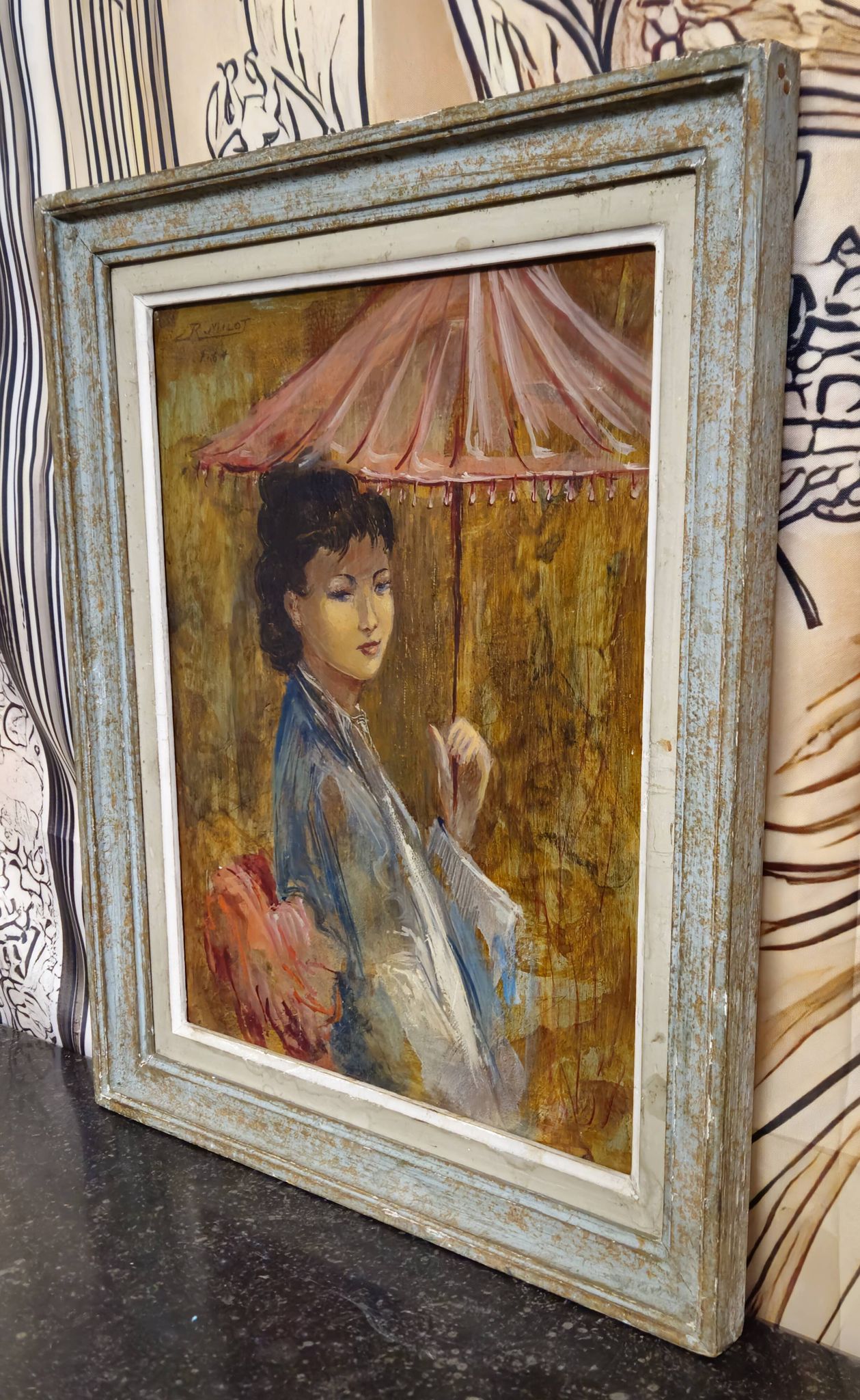 R. Milot – Young Woman with a Parasol – Oil on Panel – Art Deco Period