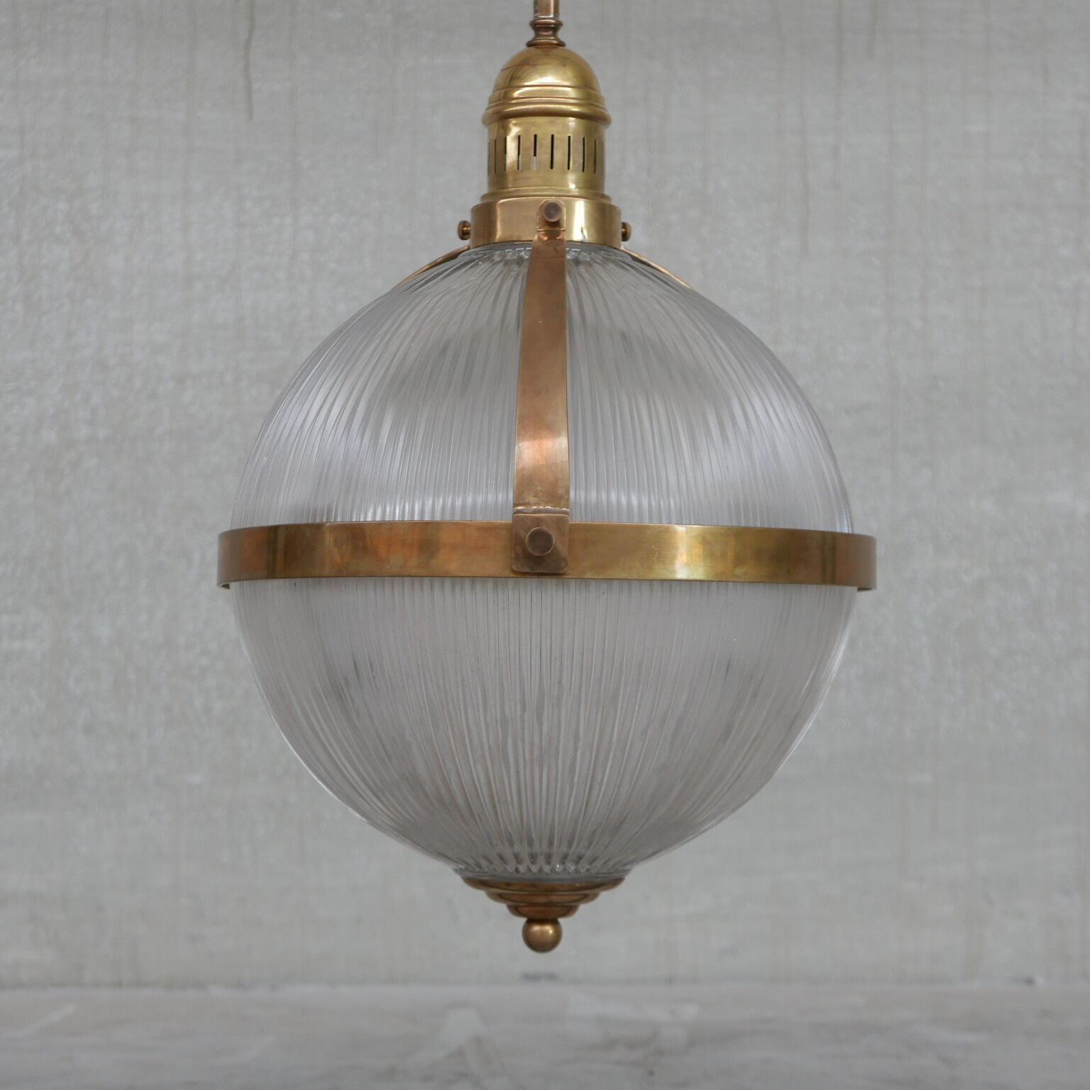 Brass and Glass Holophane Style Mid-Century Pendant Light