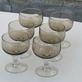 6 champagne glasses in brown and transparent glass vintage 1970