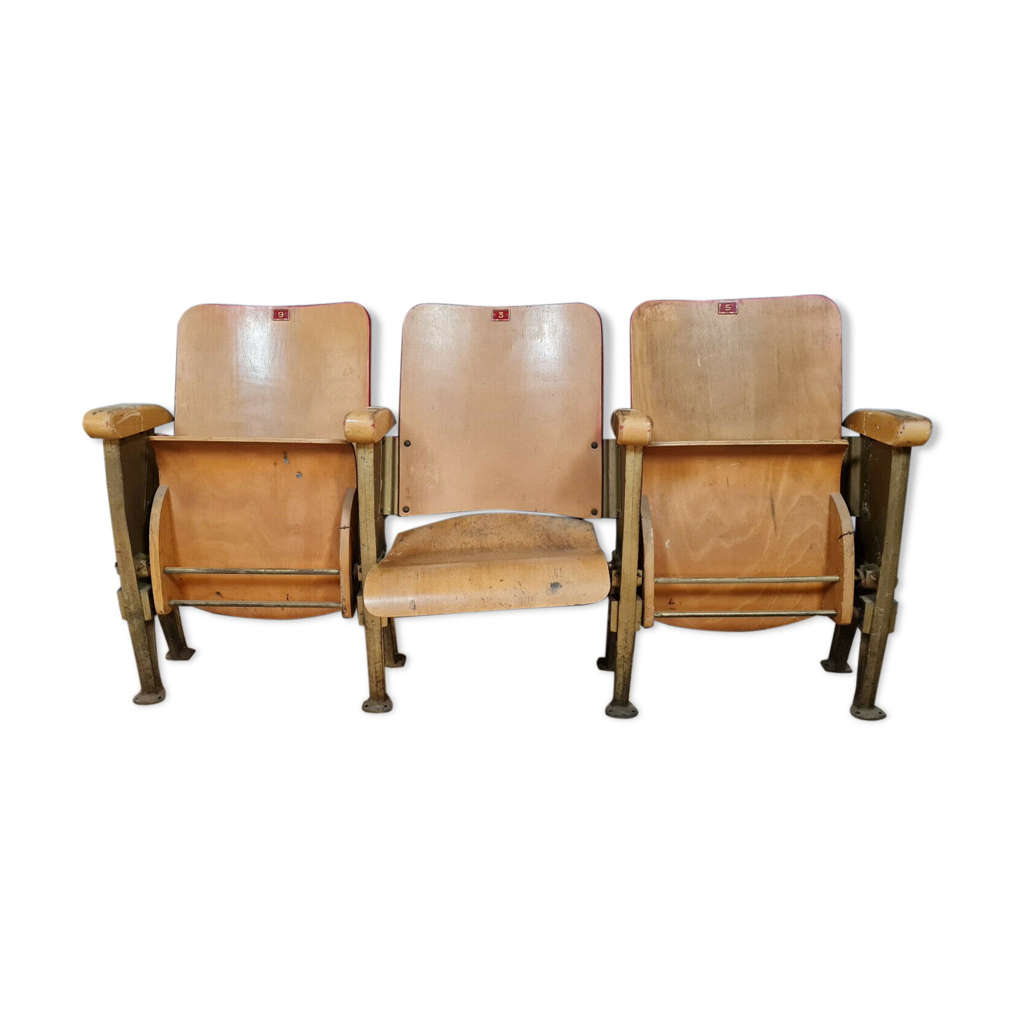 Triple cinema bench in wood and steel, Twentieth century design