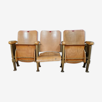 Banquette de cinéma triple en bois et acier, design du XXème siècle