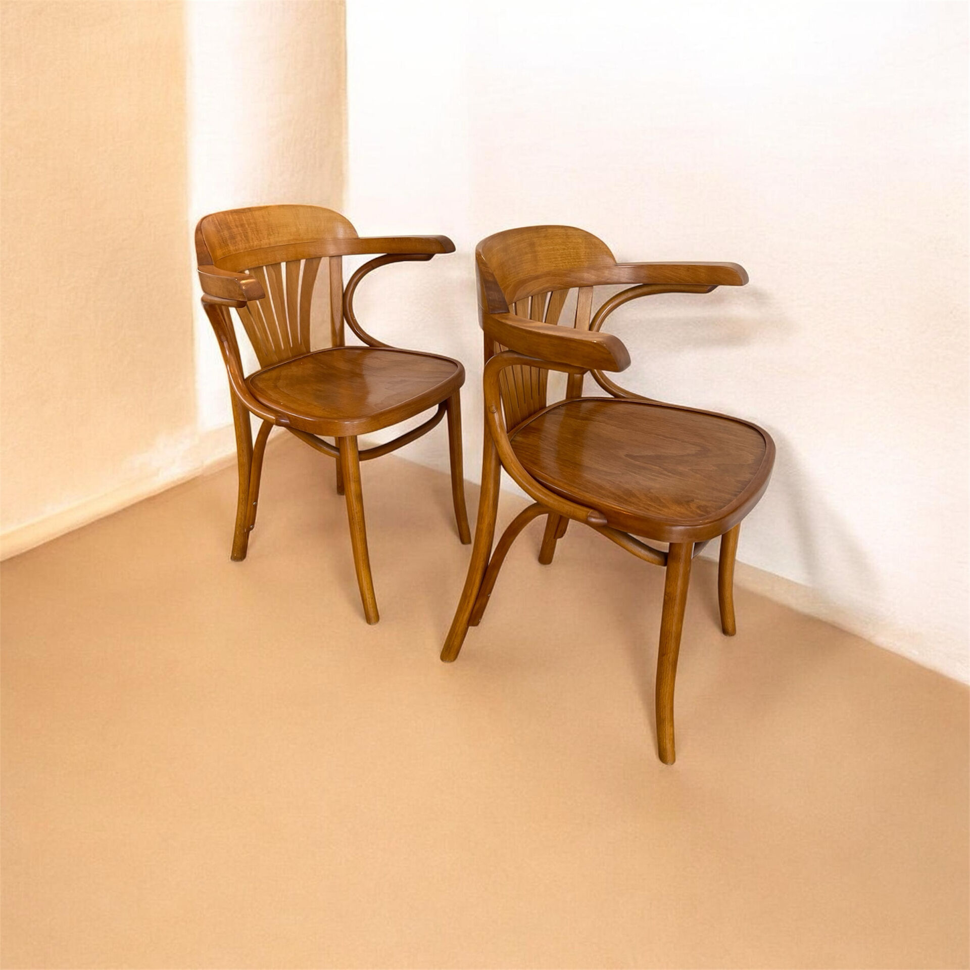 Pair of Thonet style / Bistro curved wooden armchairs