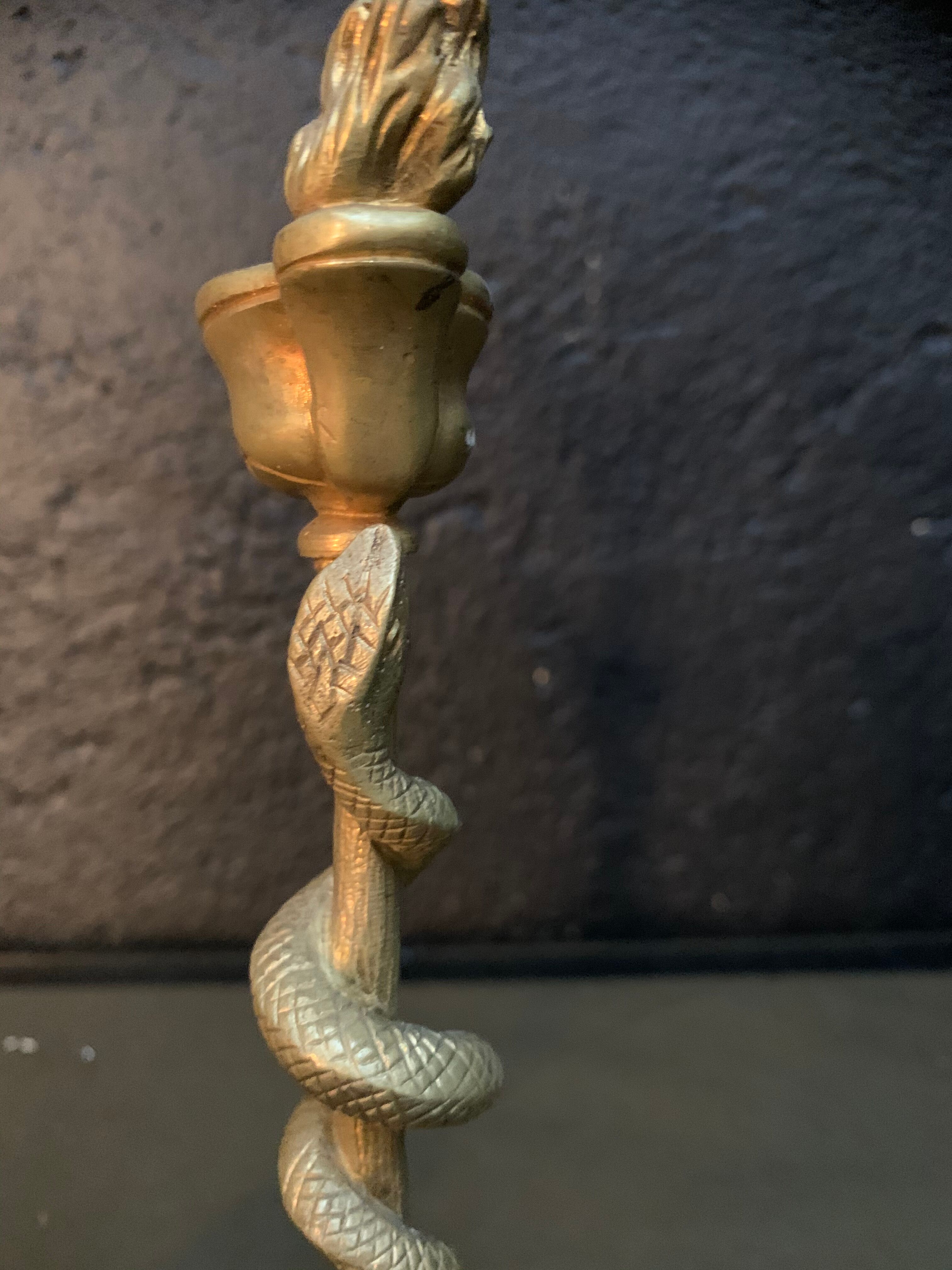 Pair of candlesticks with snakes, gilded bronze 19th century