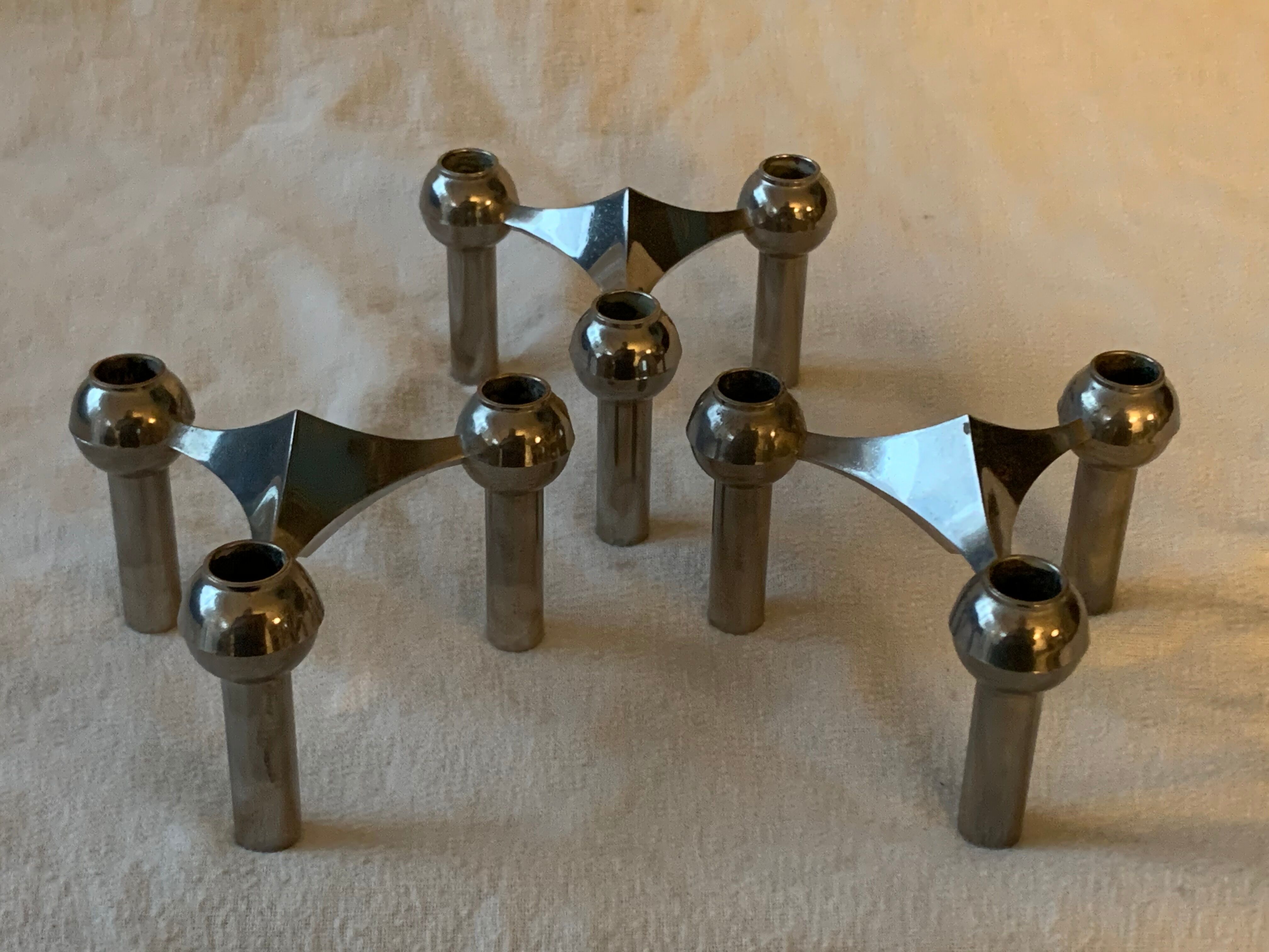 3 chrome metal candlesticks designed Nagel 1970