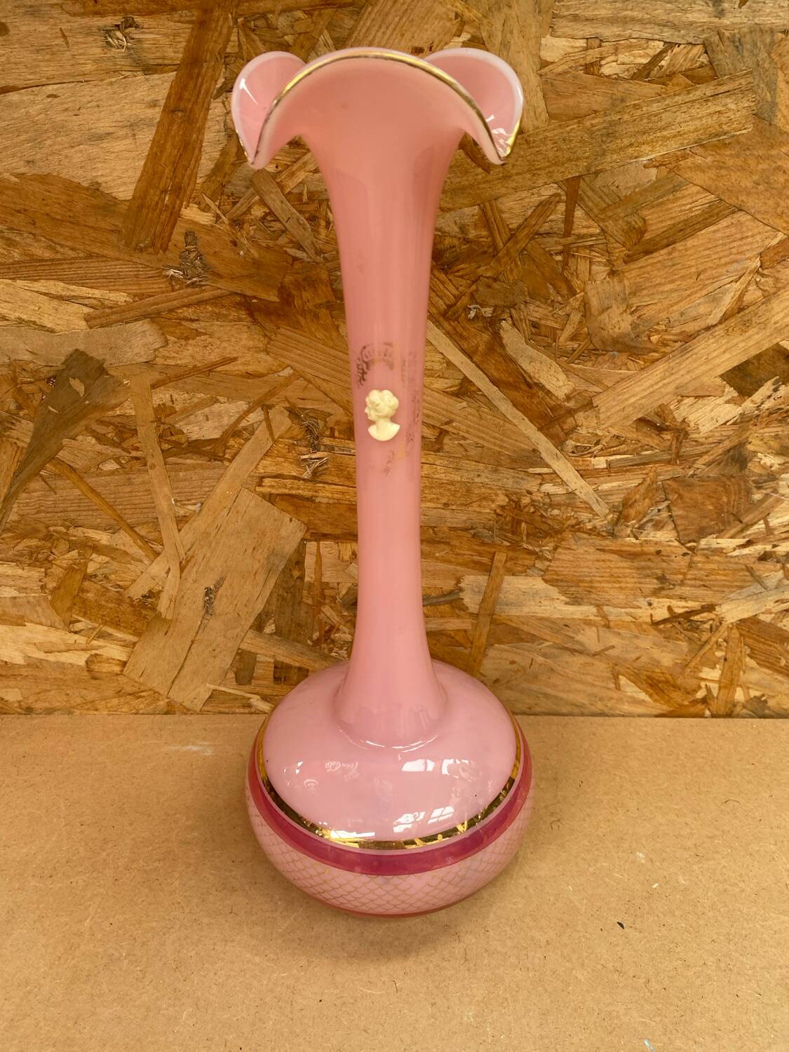 Old Pink Opaline Soliflore Vase + Vintage Gold & Camé Decor