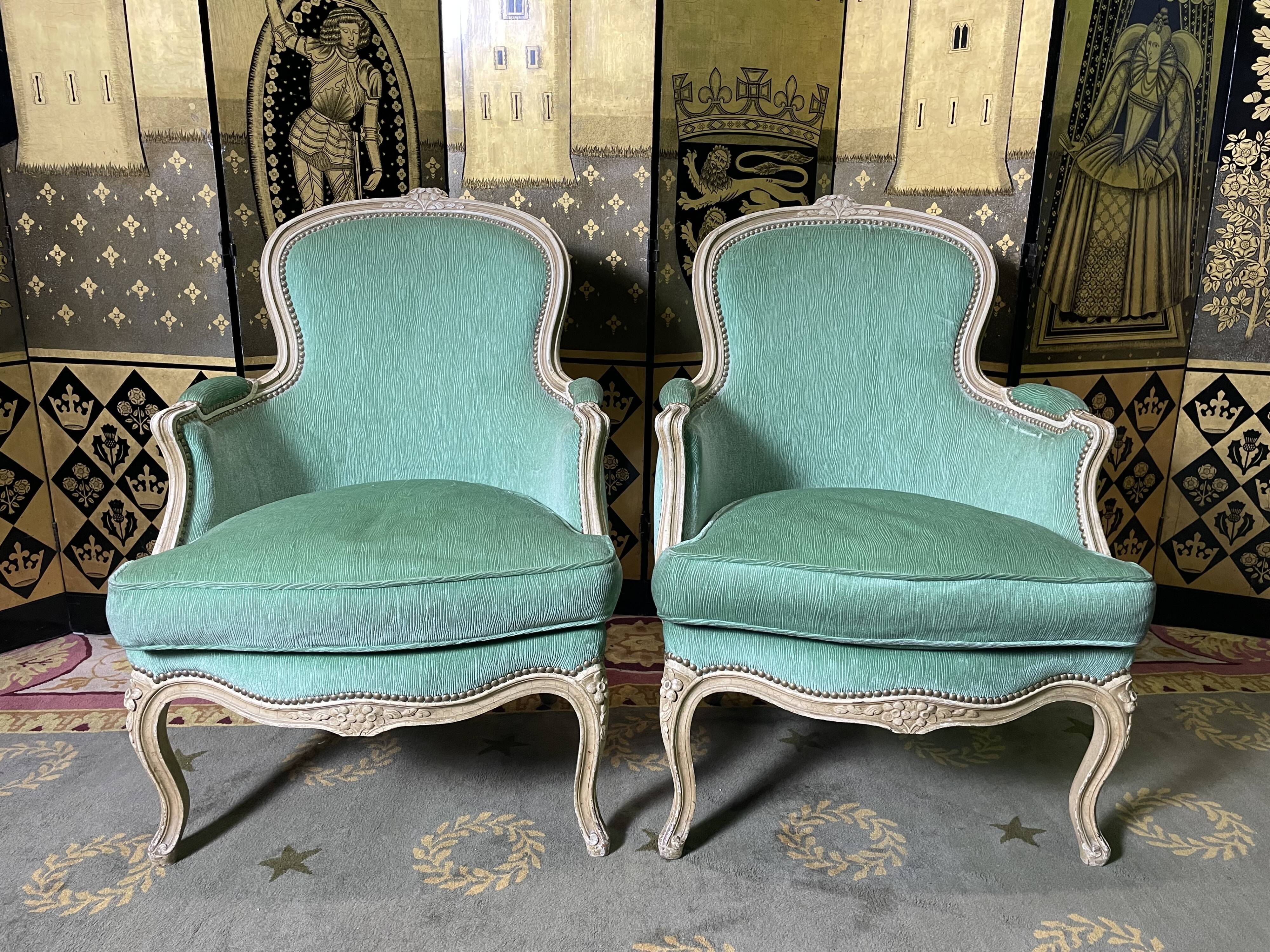 Pair of green Louis XV style bergères armchairs