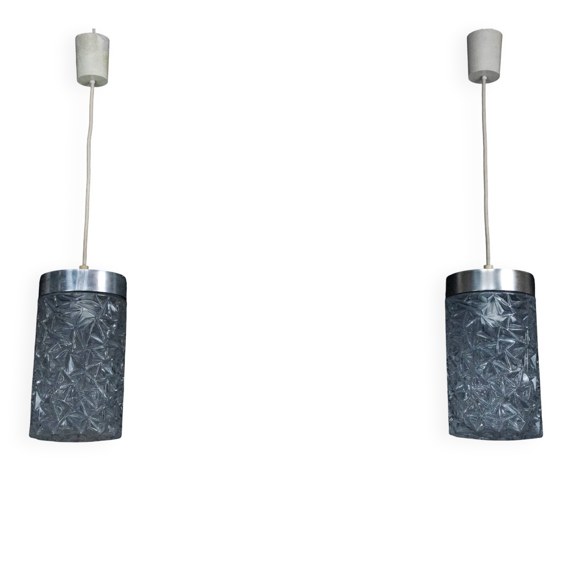 Pair of Italian Pendant Lights in Glass and Polished Aluminum, 1970s