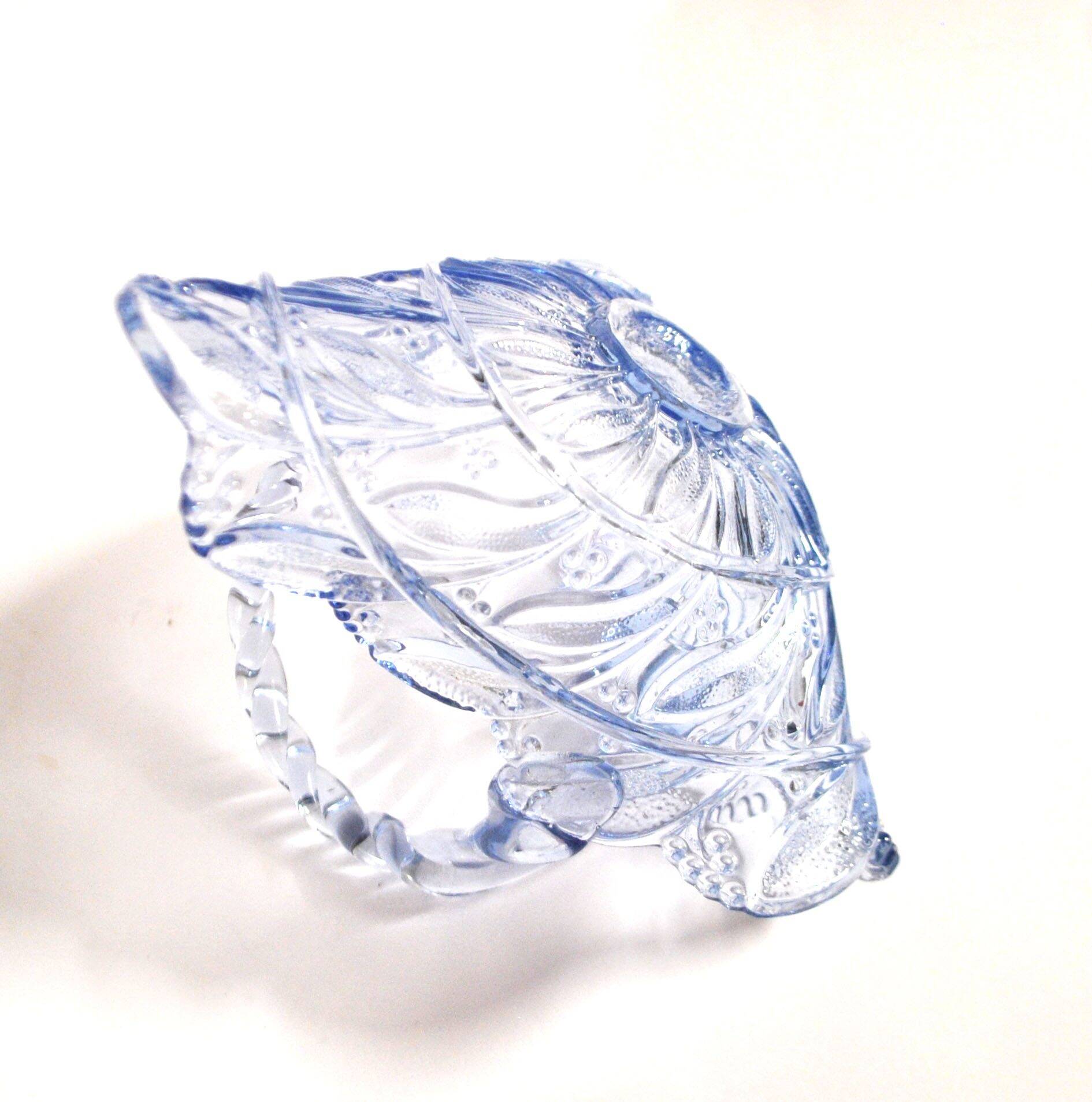 Vintage 1920s blue pressed-moulded glass bowl dish defect