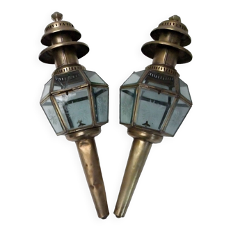 Lantern pair fiacre beveled glass engraved brass wall lamp