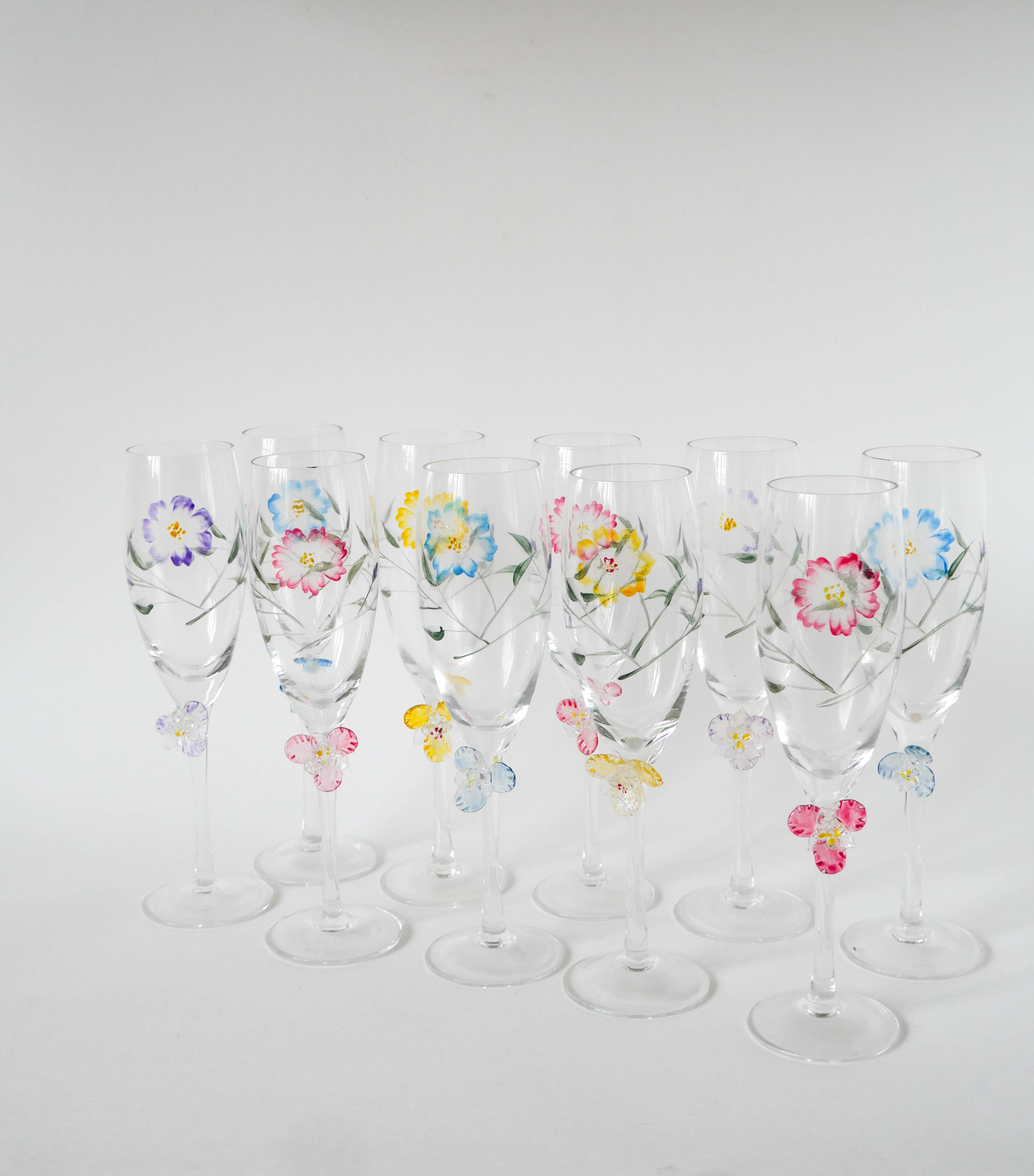 Set of 10 hand-painted champagne flutes with embossed flowers