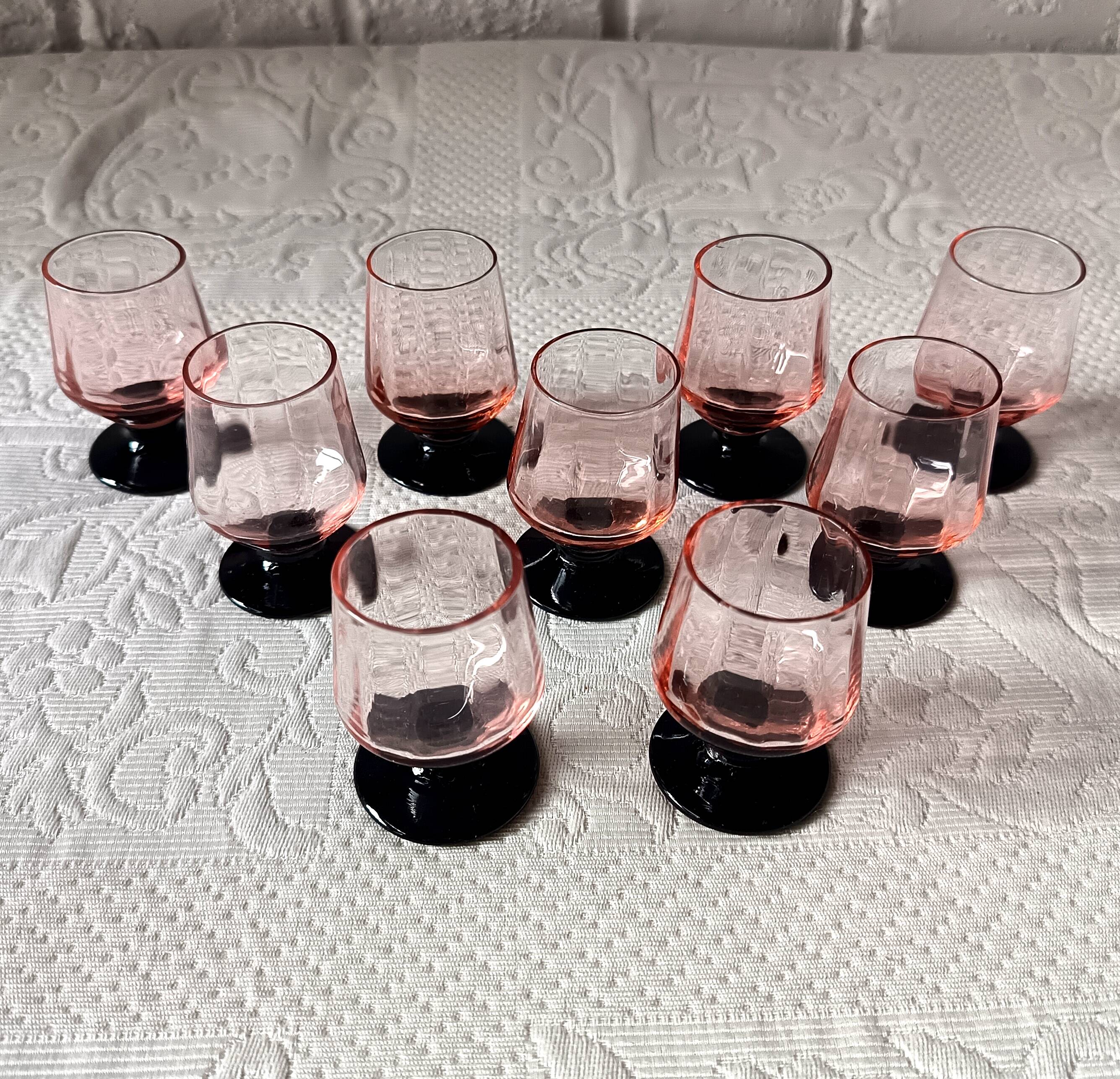 9 french liqueur glasses pink black foot vintage france