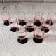 9 french liqueur glasses pink black foot vintage france