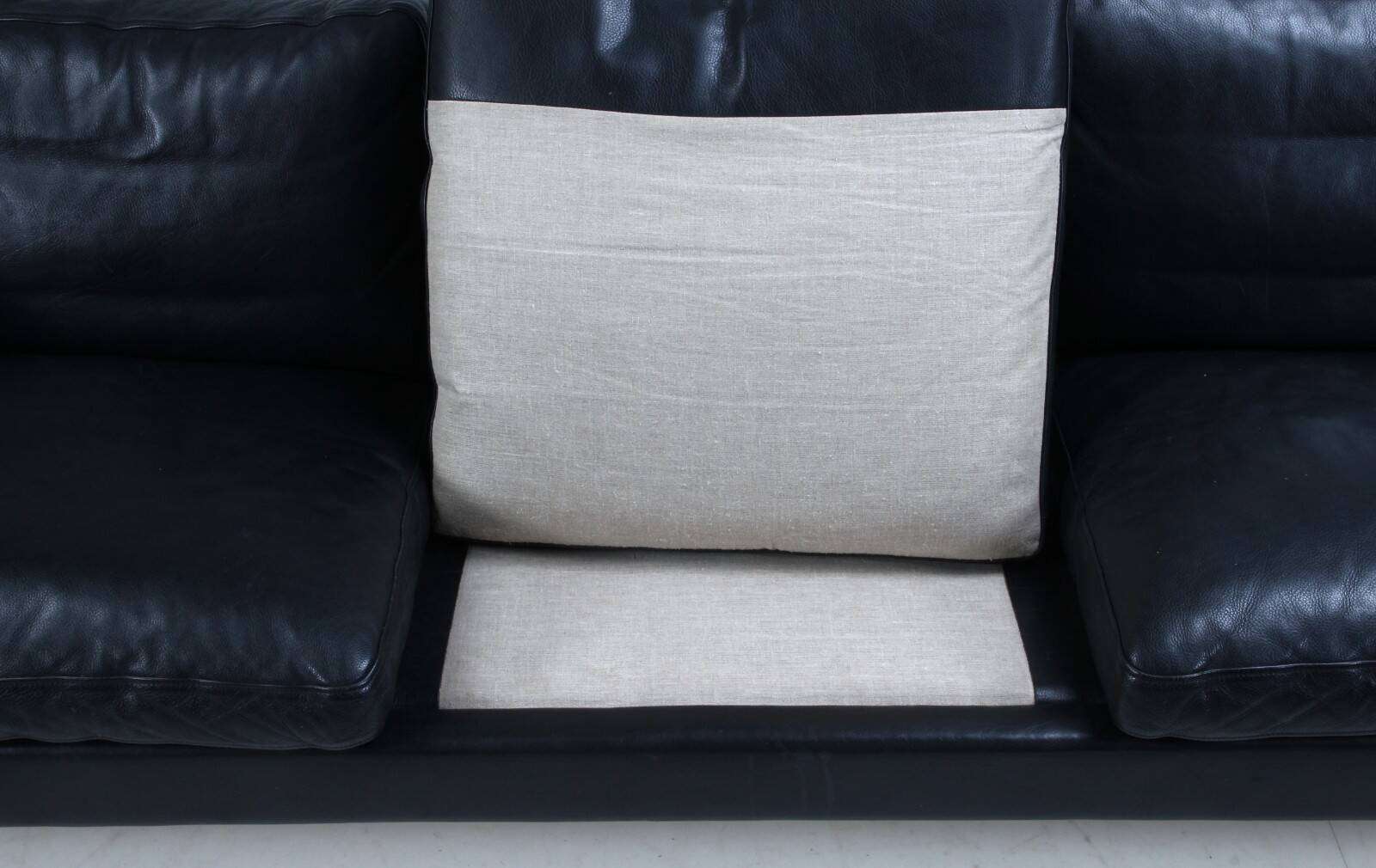 Vintage danish soren holst black leather 3 seater sofa with aluminium legs