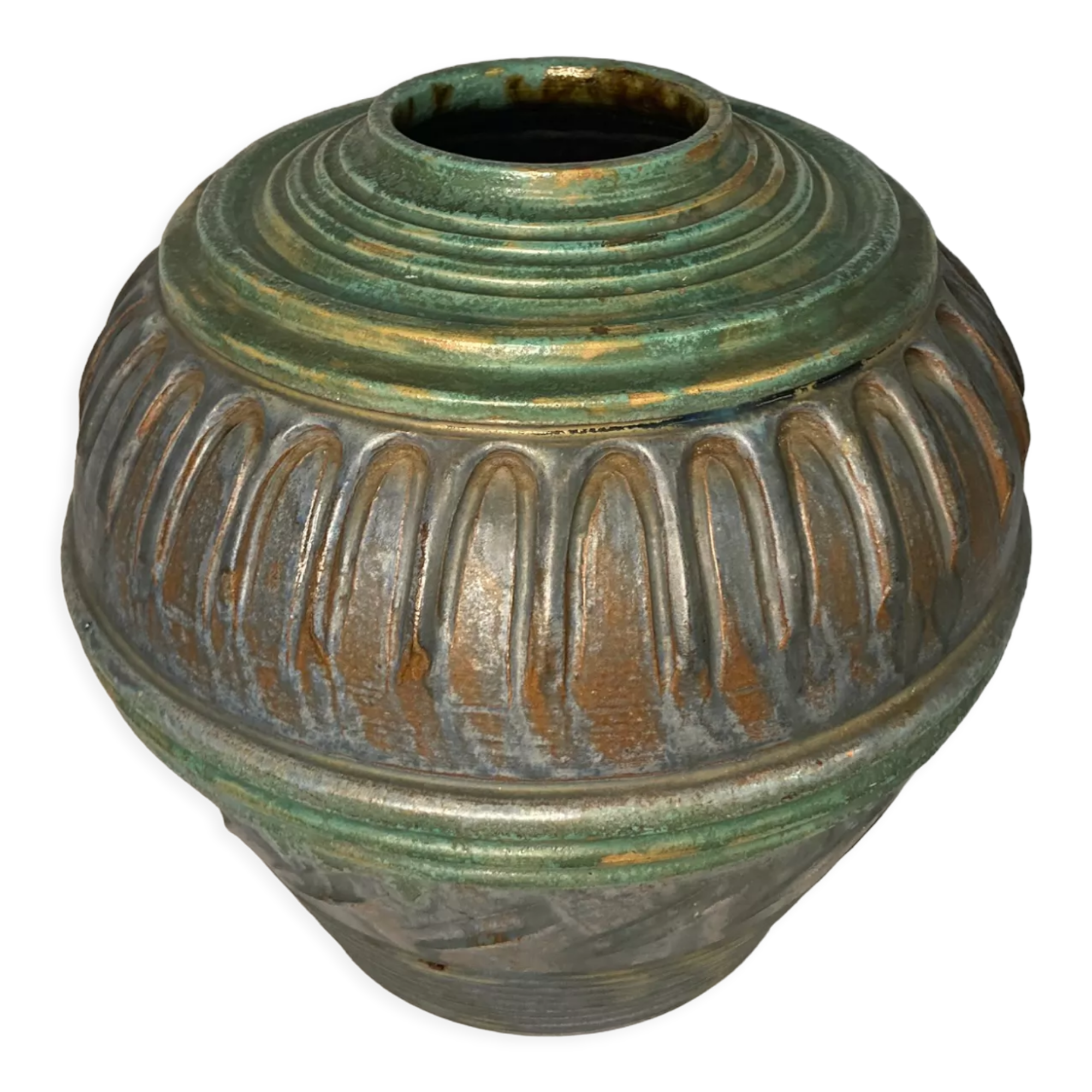 Vase boule art déco en terre cuite polychrome vers 1930