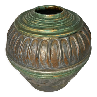 Vase boule art déco en terre cuite polychrome vers 1930
