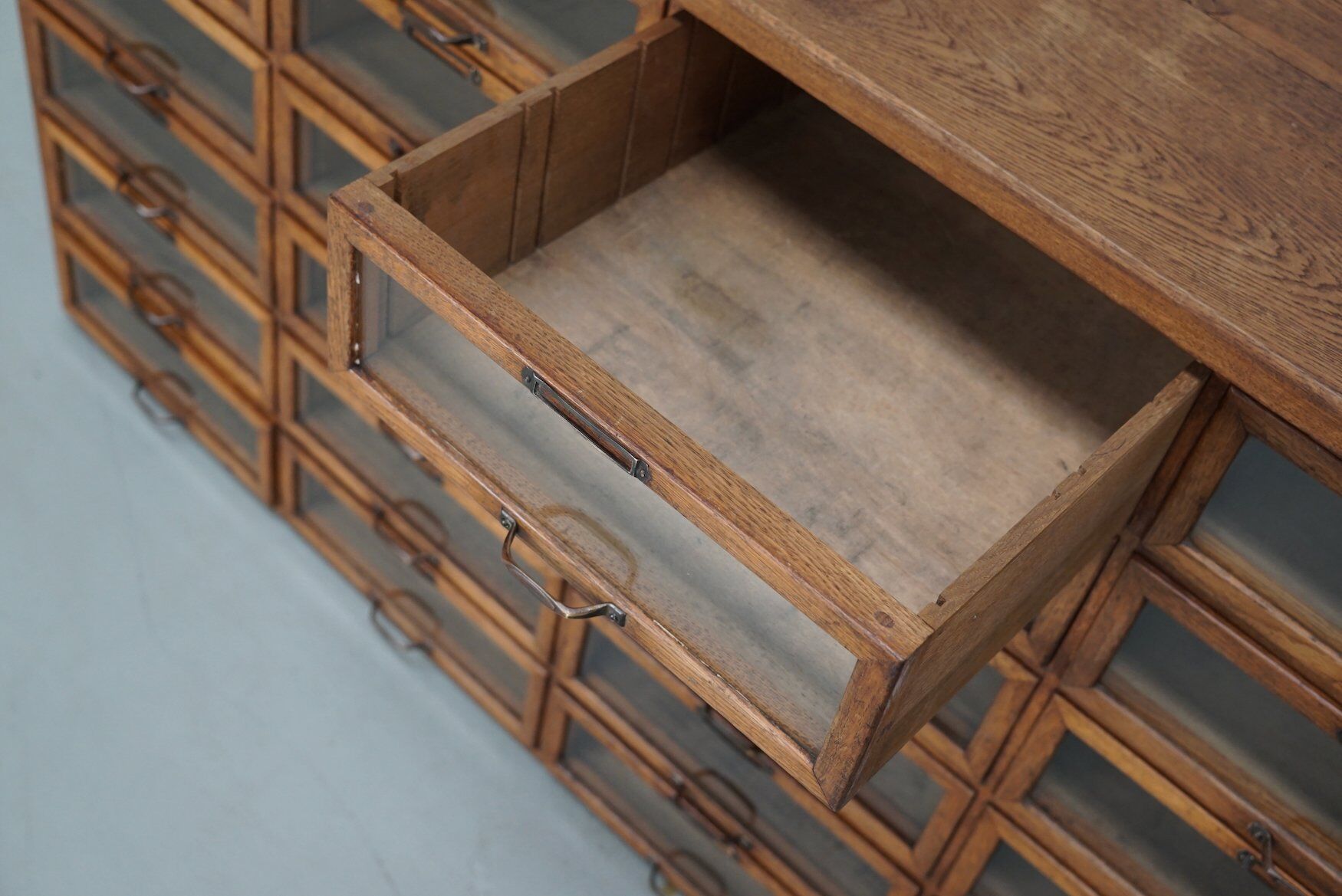 Vintage Dutch oak haberdashery shop cabinet, 1930s