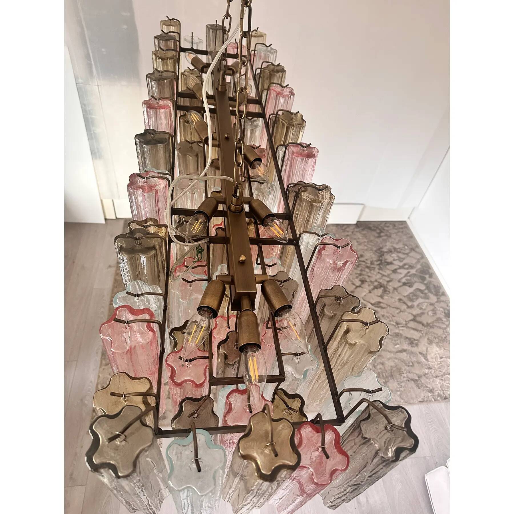 Contemporary Huge Rectangular "Tronchi" Murano Glass Burnished Chandelier