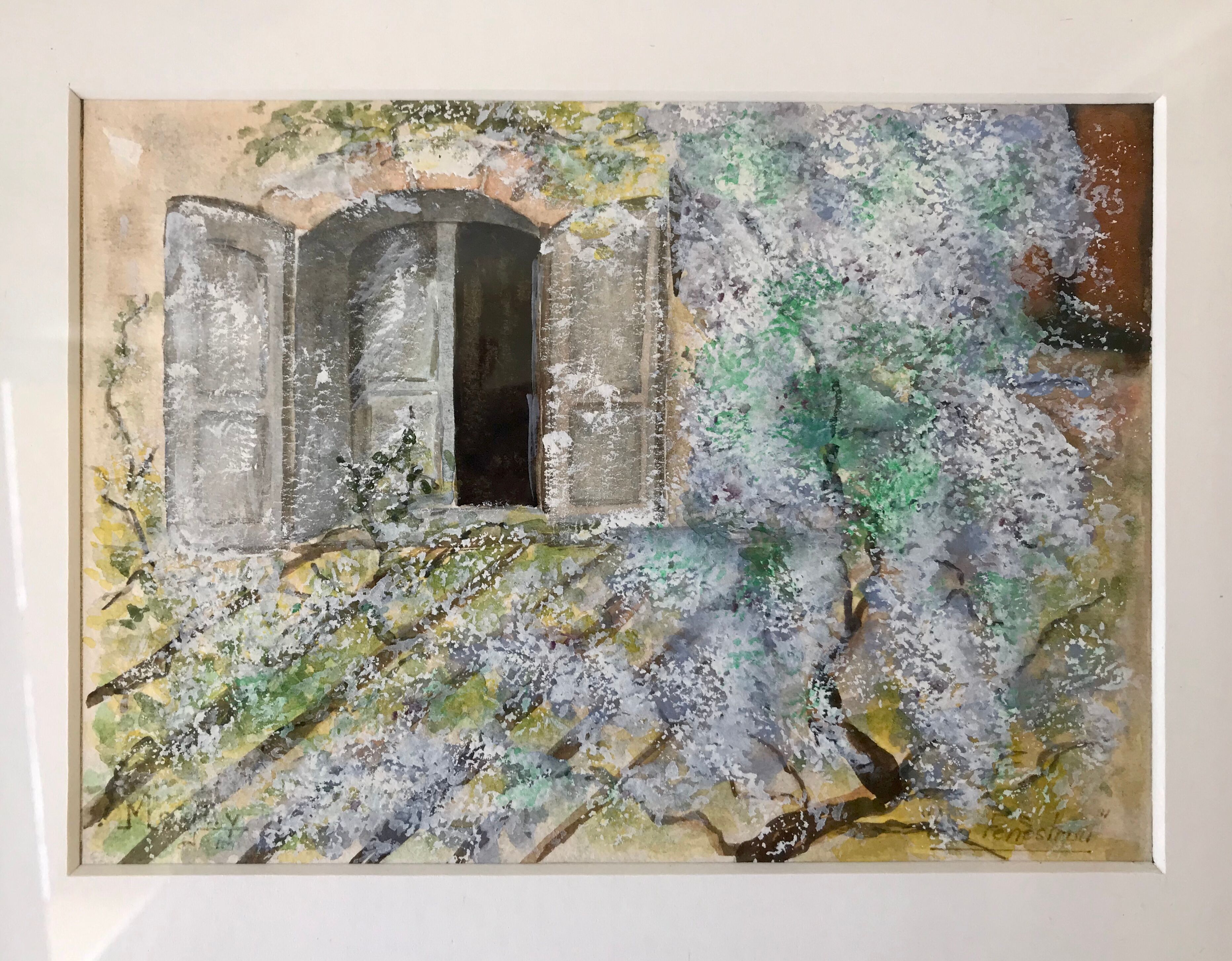 Watercolor "Les Fenestrons" signed and framed vintage