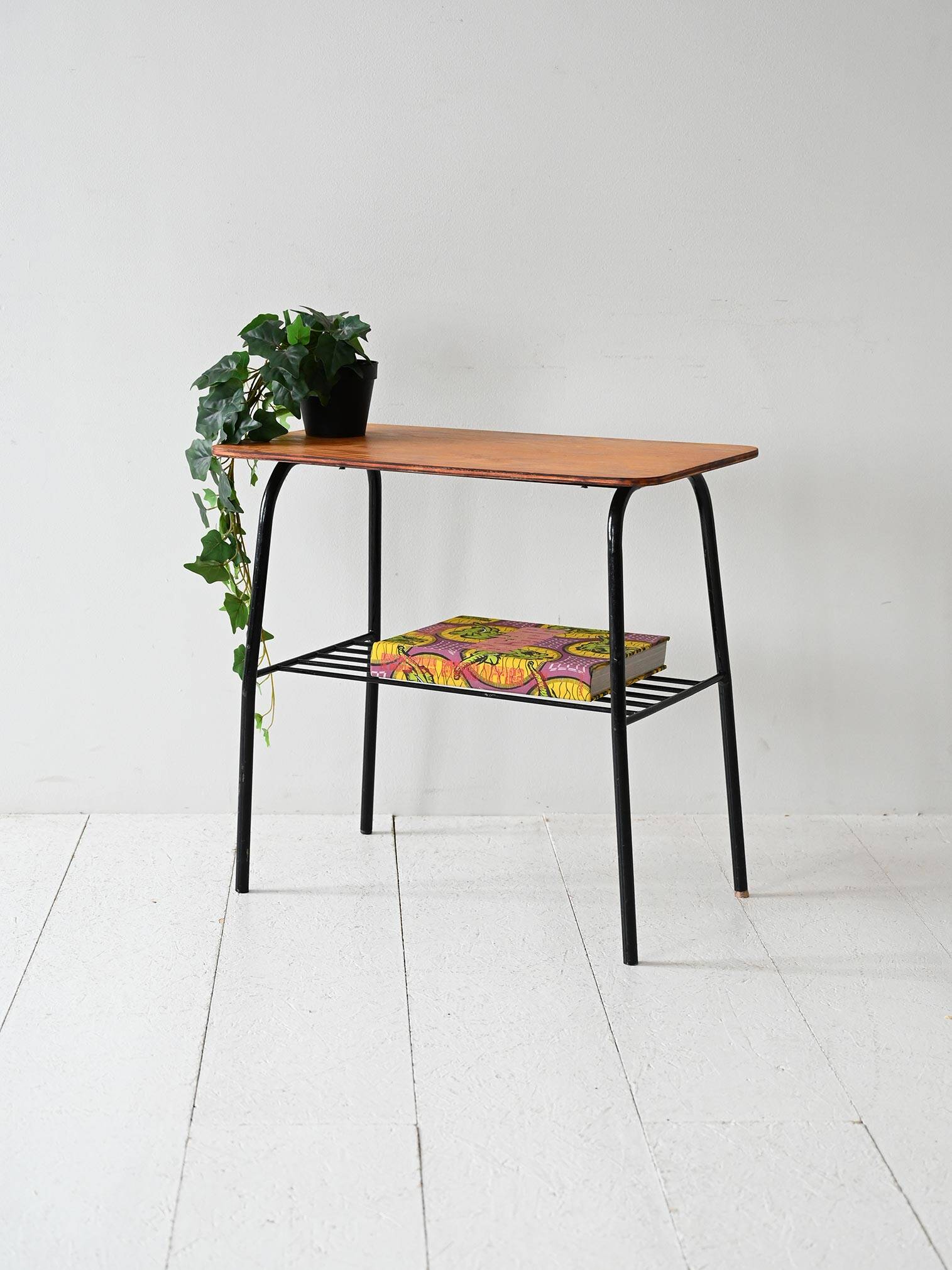 Vintage Scandinavian pine and metal side table