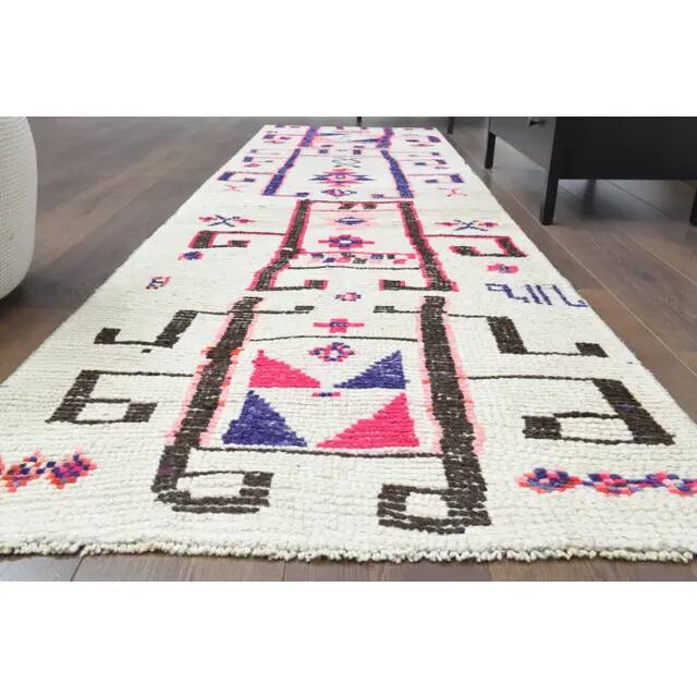 1970s Vintage Turkish Hand-Knotted Wool Cotton White Runner Rug 92x330