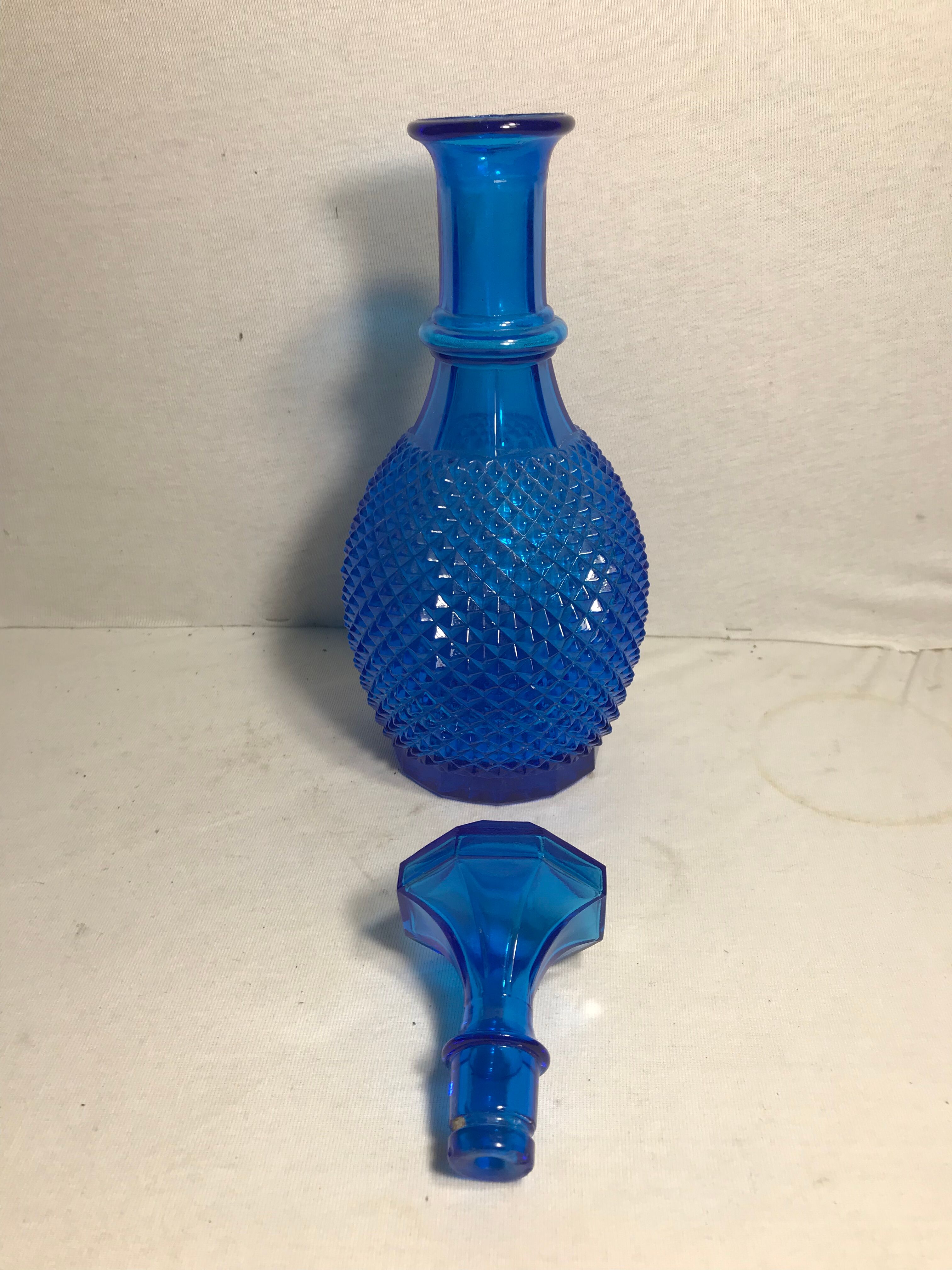 Old molded glass decanter bottle blue geometric shape + cap